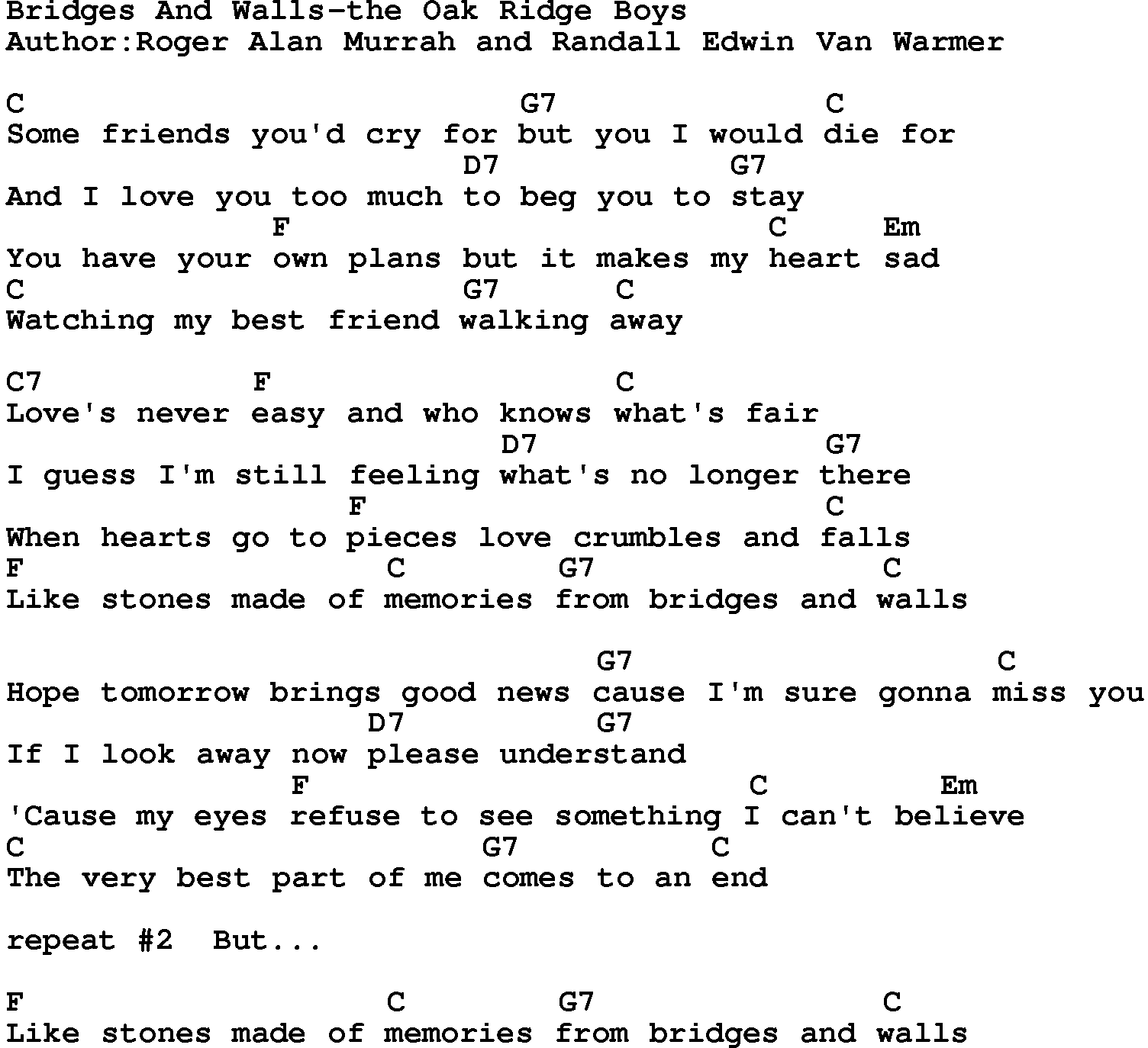 Country music song: Bridges And Walls-The Oak Ridge Boys lyrics and chords
