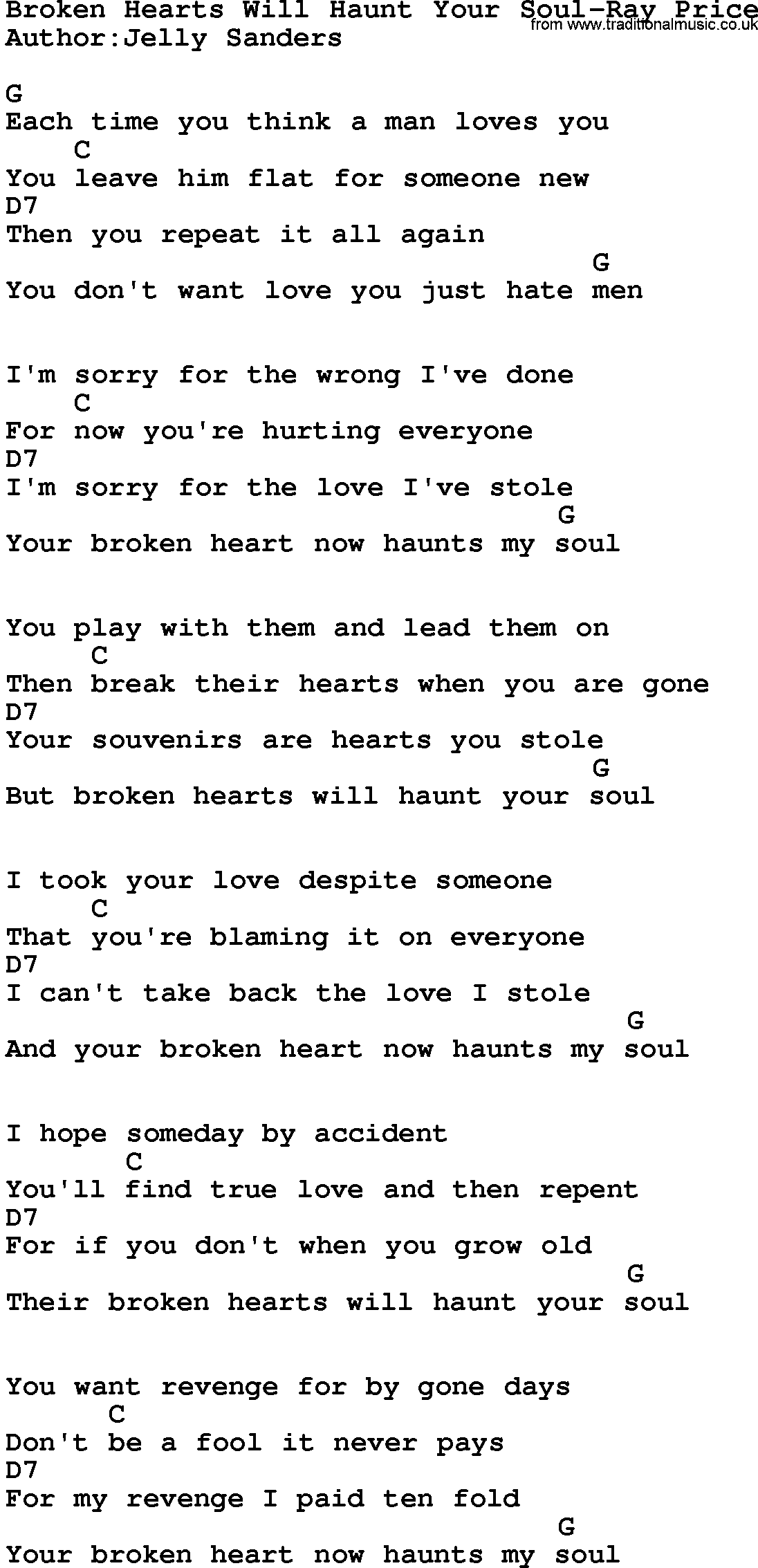 Country music song: Broken Hearts Will Haunt Your Soul-Ray Price lyrics and chords