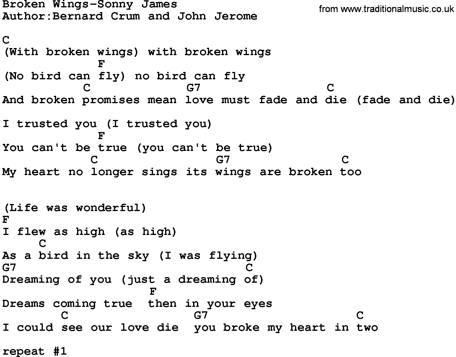 Country music song: Broken Wings-Sonny James lyrics and chords