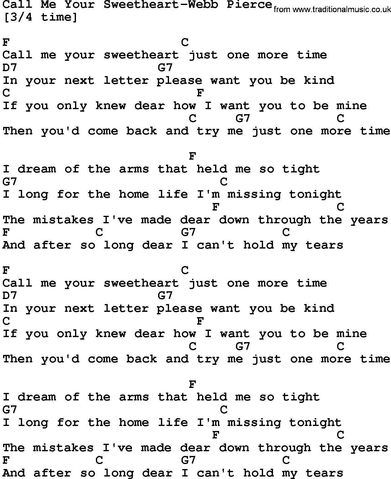 Country music song: Call Me Your Sweetheart-Webb Pierce lyrics and chords