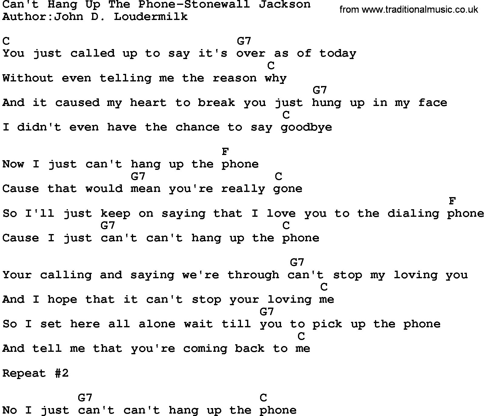 Country music song: Can't Hang Up The Phone-Stonewall Jackson lyrics and chords