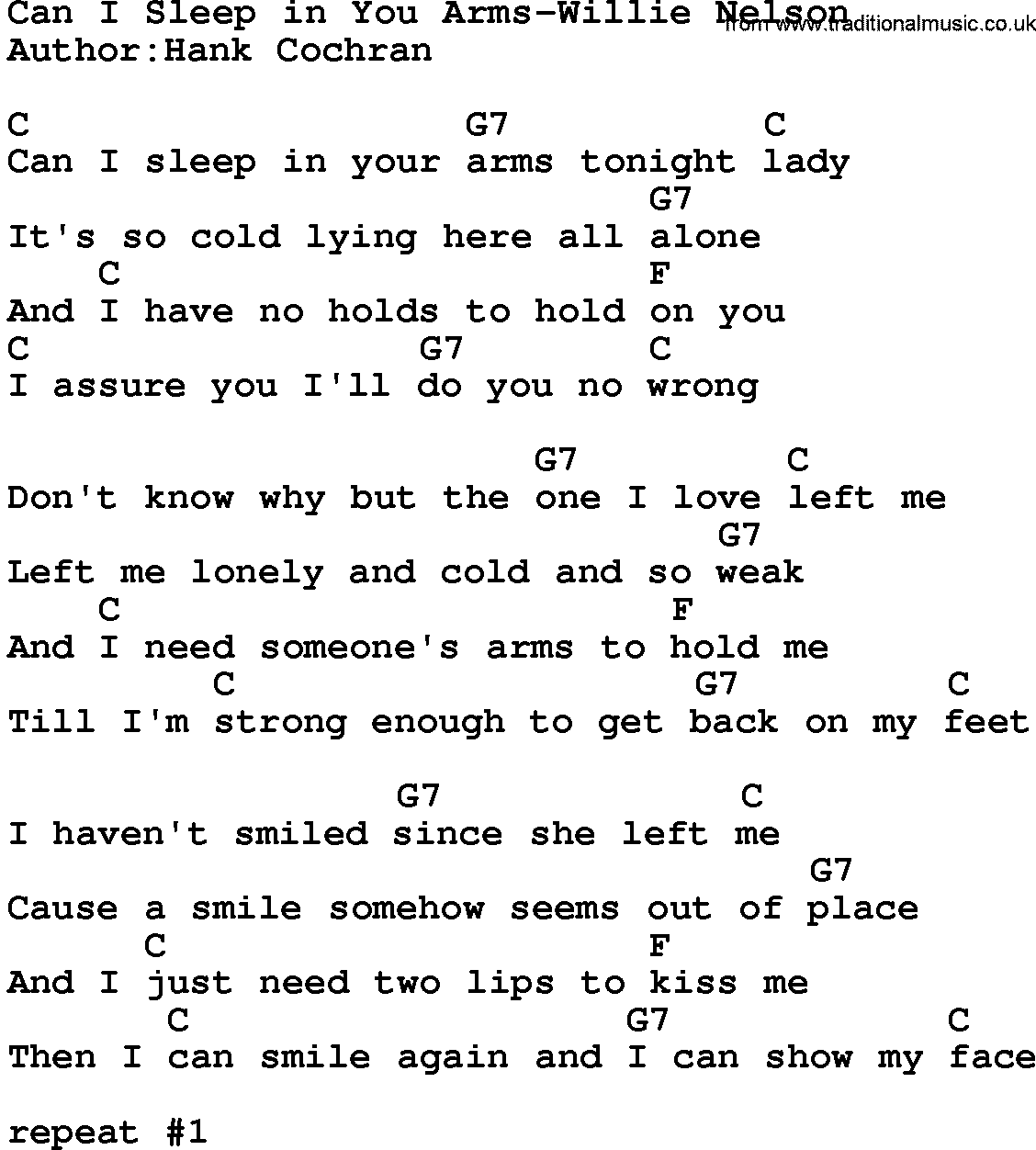 Country music song: Can I Sleep In You Arms-Willie Nelson lyrics and chords