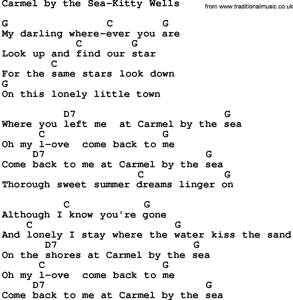 Country music song: Carmel By The Sea-Kitty Wells lyrics and chords