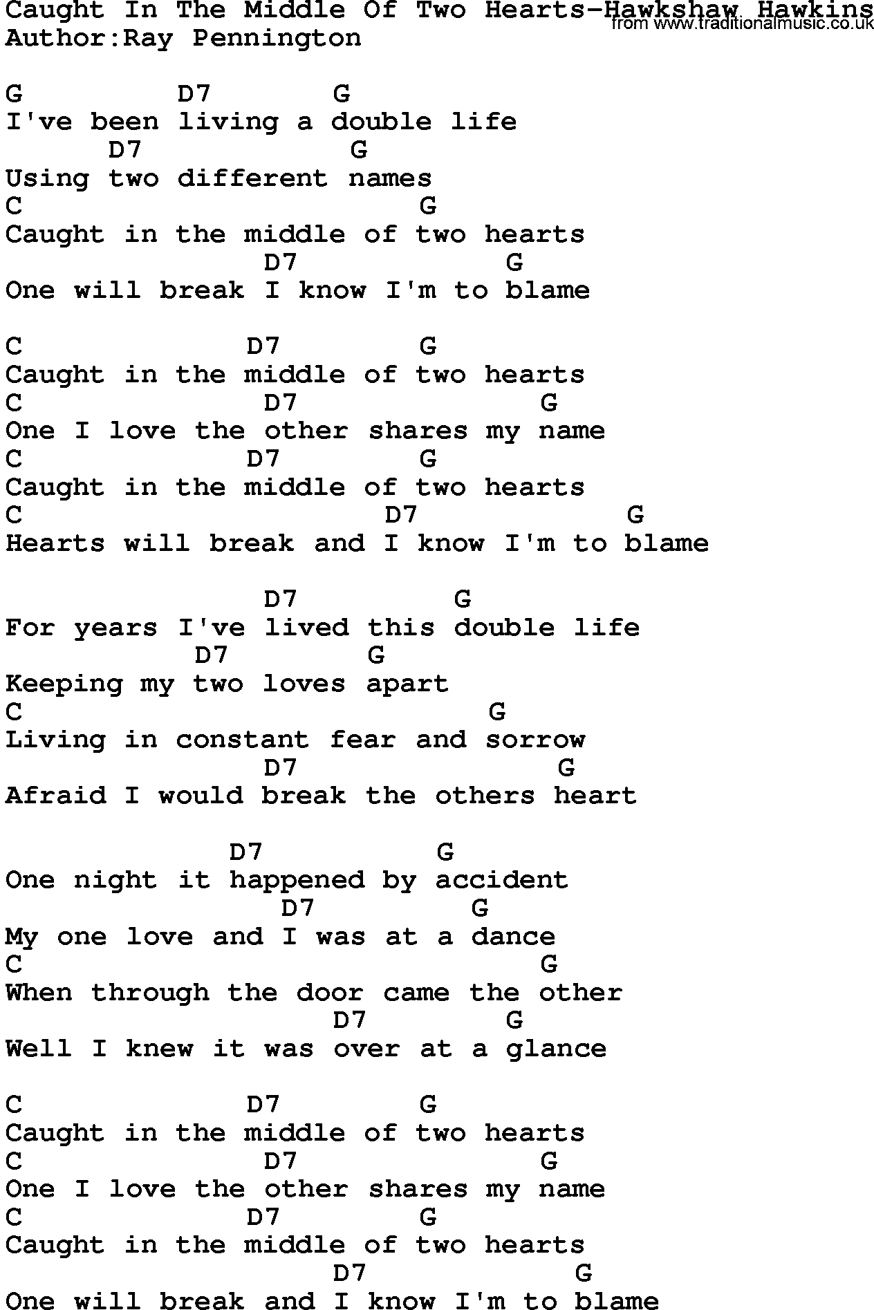 Country music song: Caught In The Middle Of Two Hearts-Hawkshaw Hawkins lyrics and chords