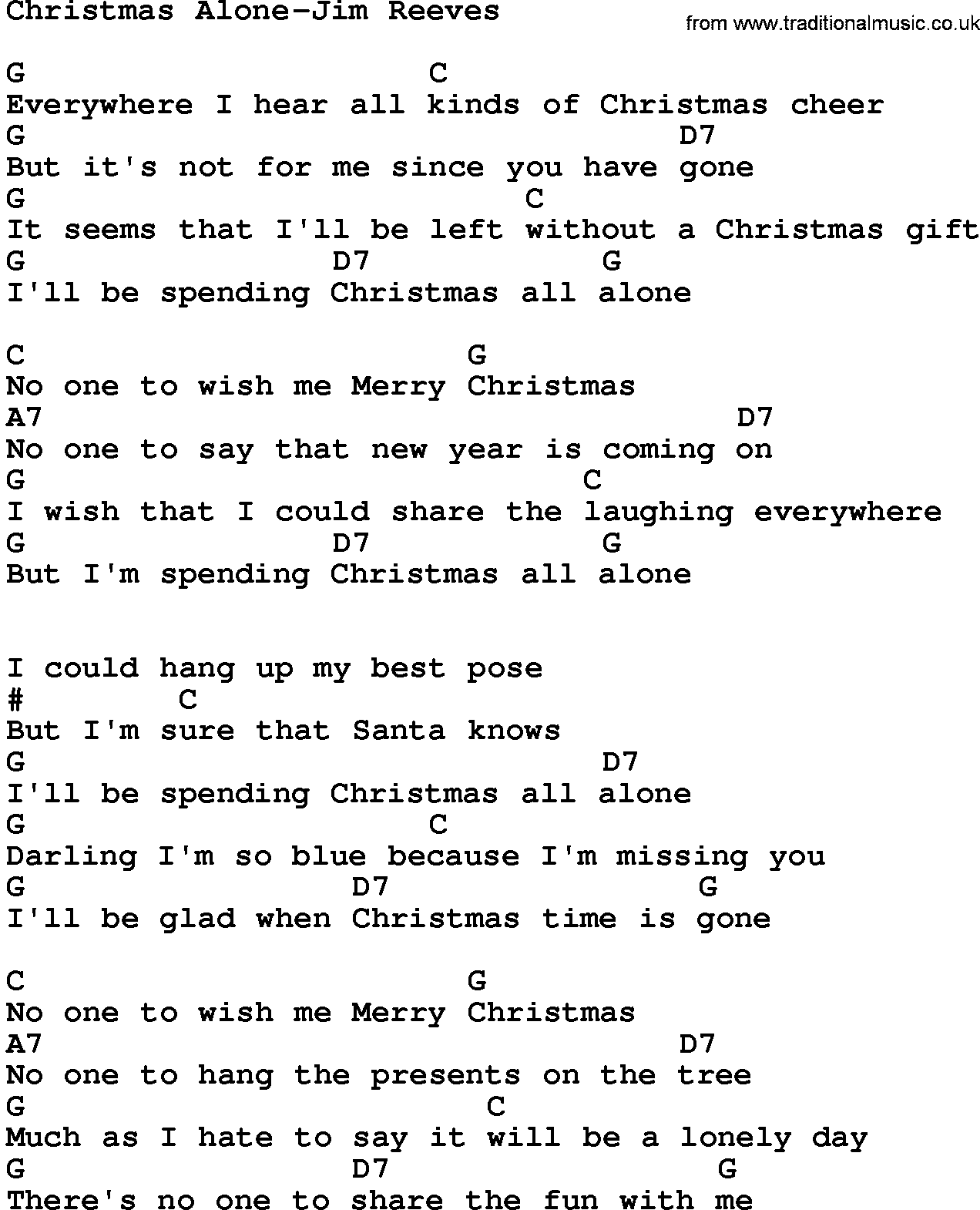Country music song: Christmas Alone-Jim Reeves lyrics and chords