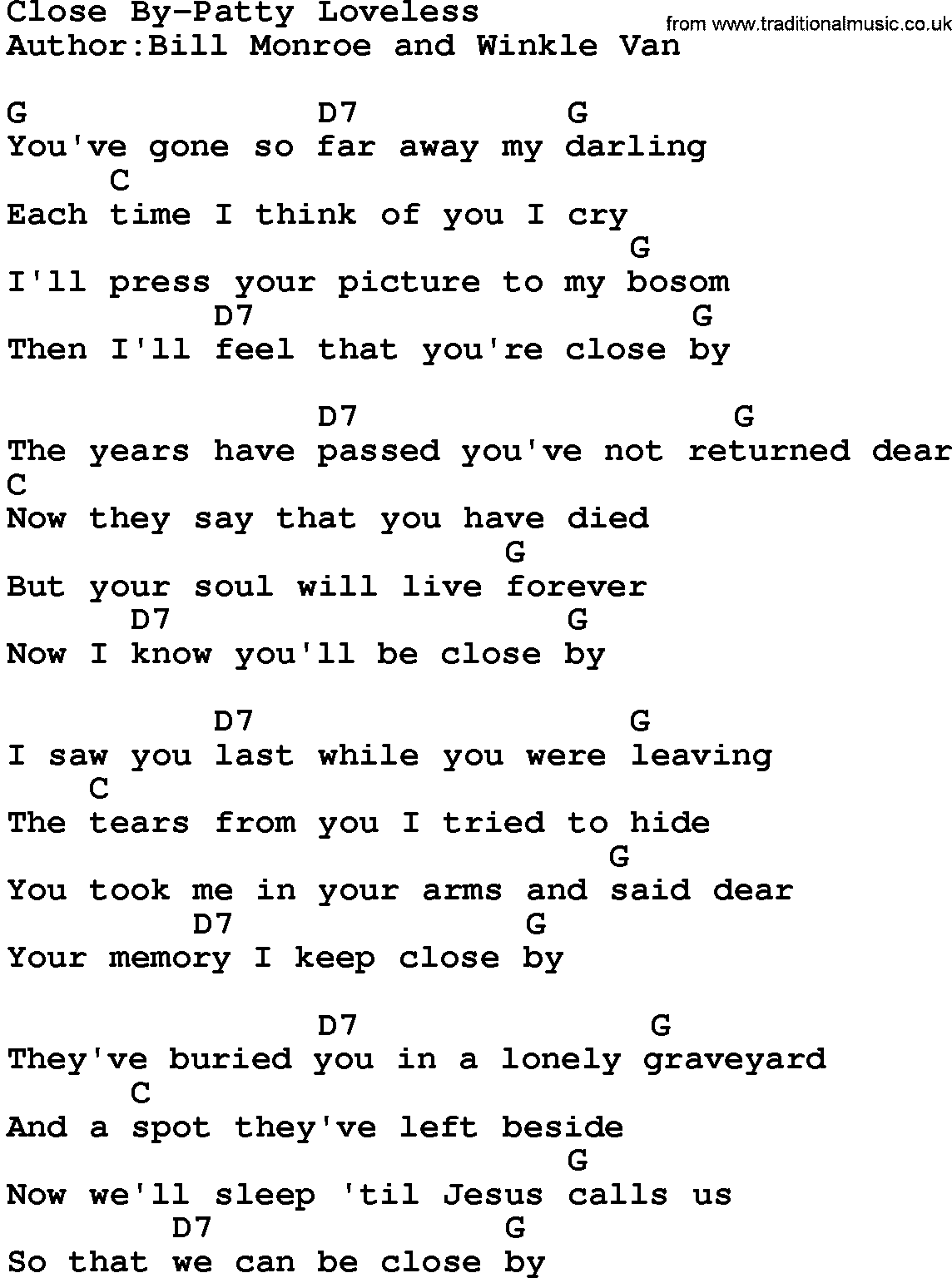 Country music song: Close By-Patty Loveless lyrics and chords
