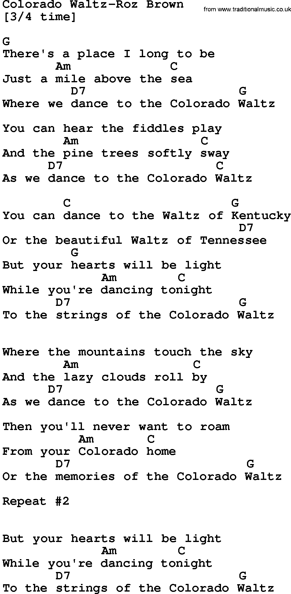 Country music song: Colorado Waltz-Roz Brown lyrics and chords