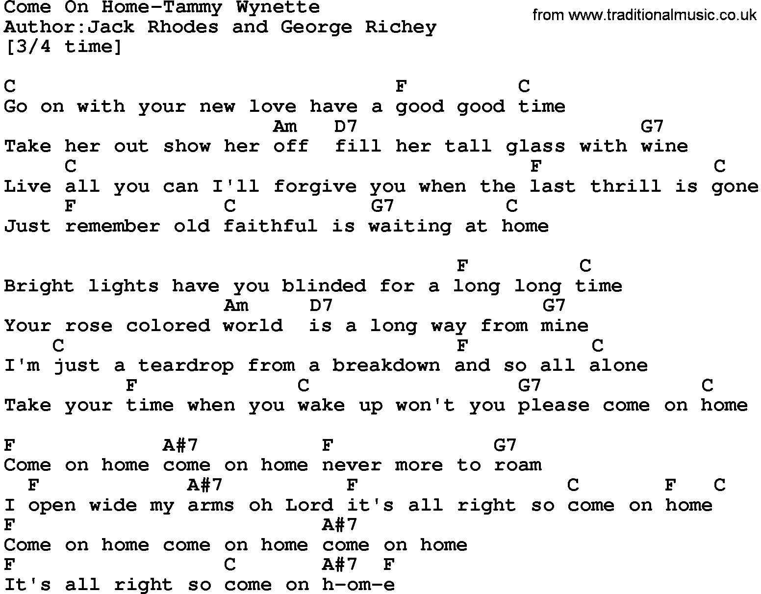 Country music song: Come On Home-Tammy Wynette lyrics and chords