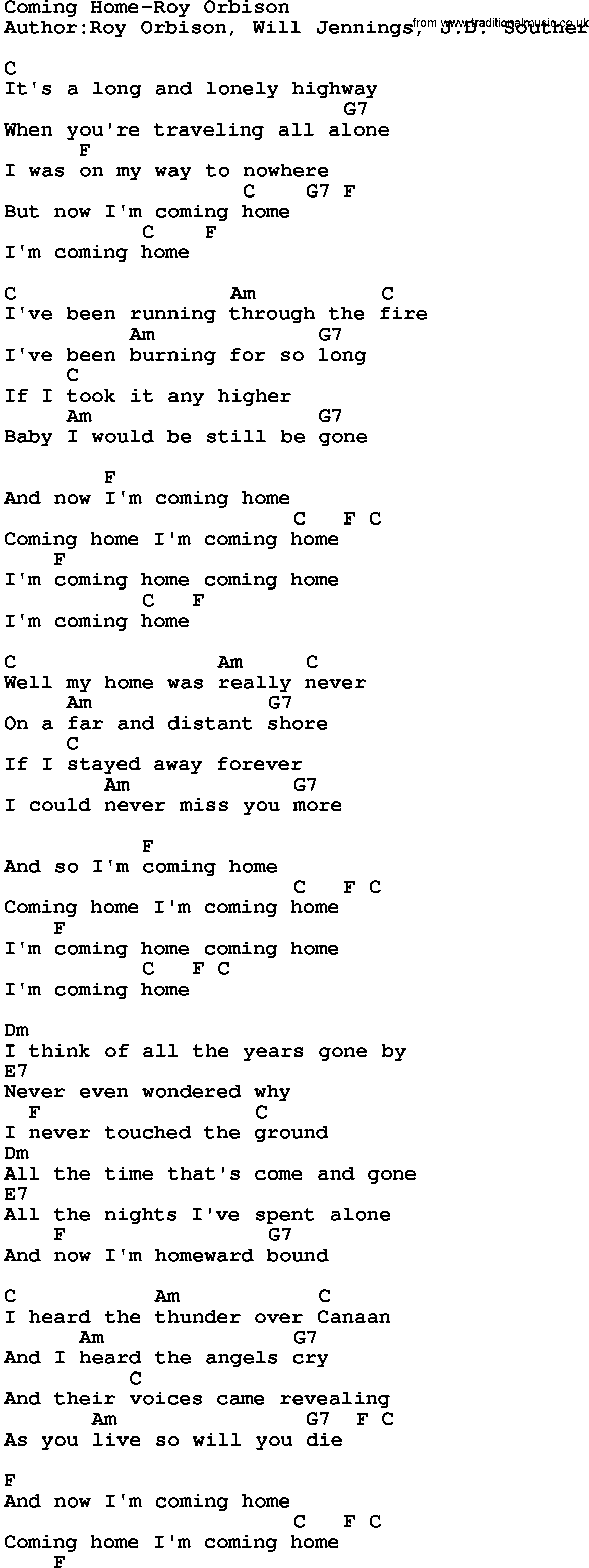 Country music song: Coming Home-Roy Orbison lyrics and chords