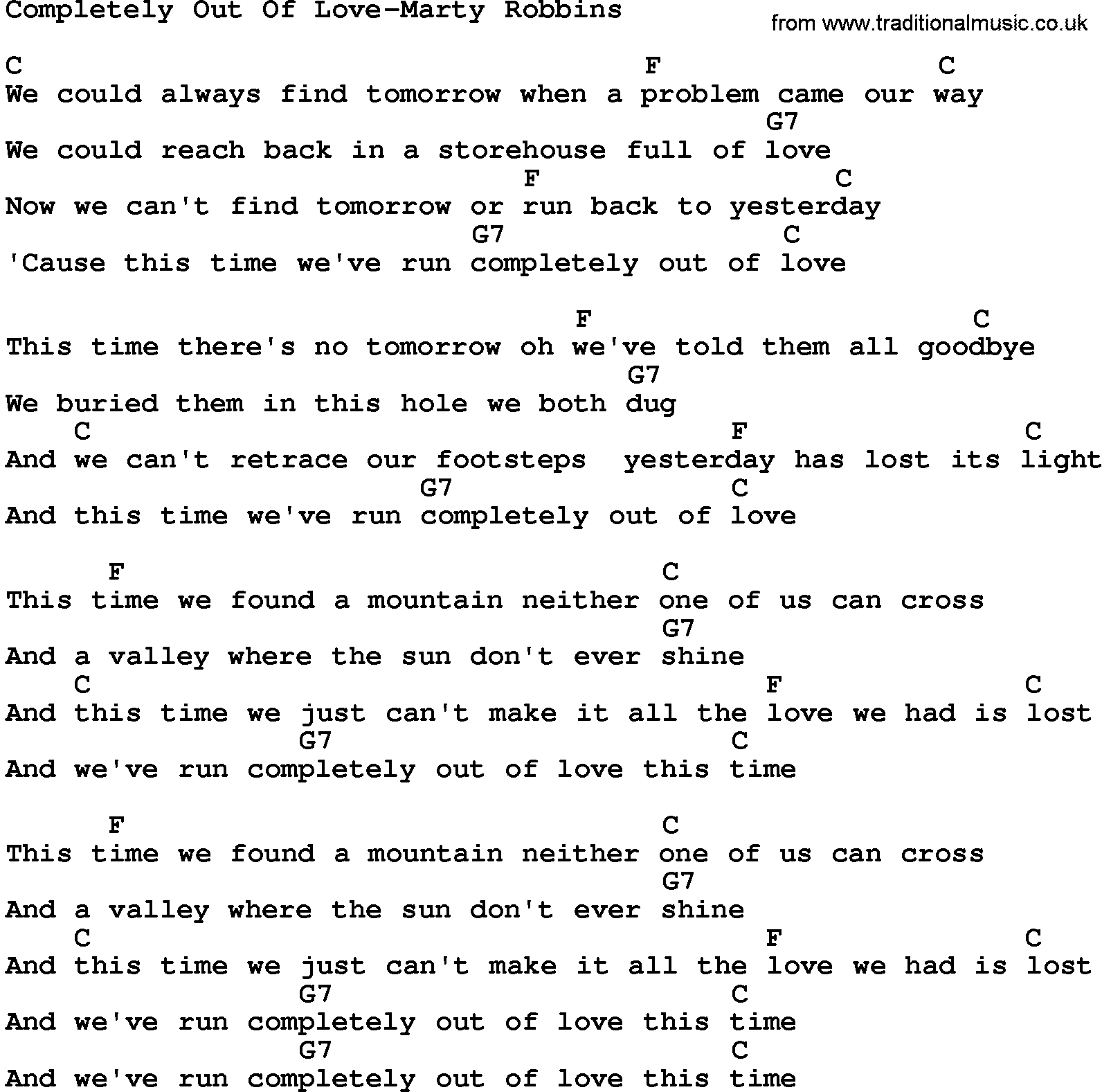 Country music song: Completely Out Of Love-Marty Robbins lyrics and chords