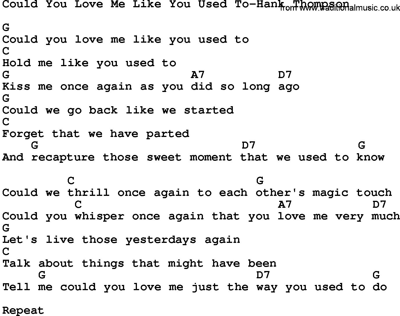Country music song: Could You Love Me Like You Used To-Hank Thompson lyrics and chords