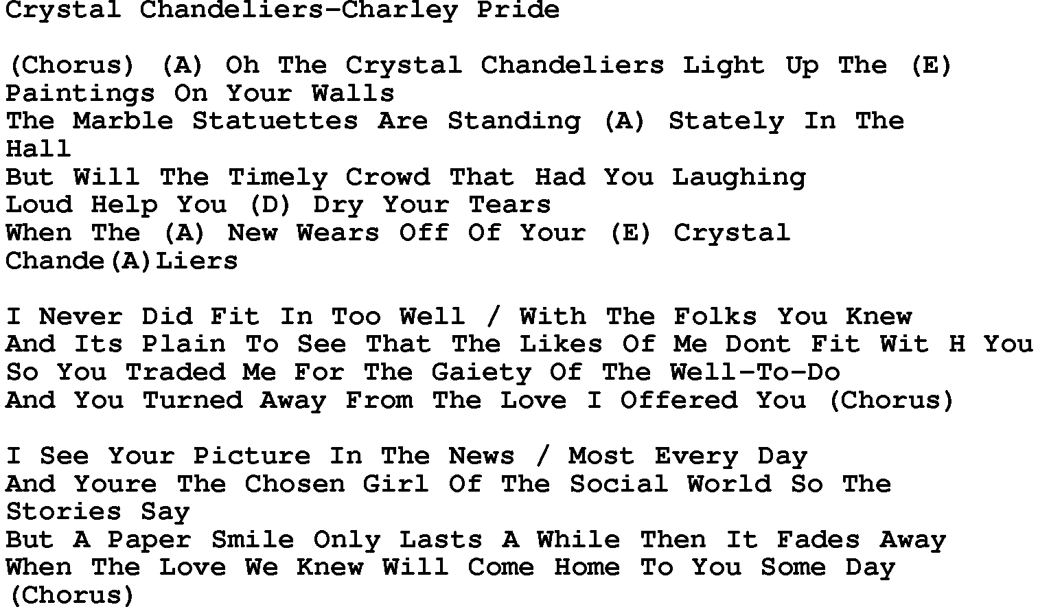 Country music song: Crystal Chandeliers-Charley Pride lyrics and chords