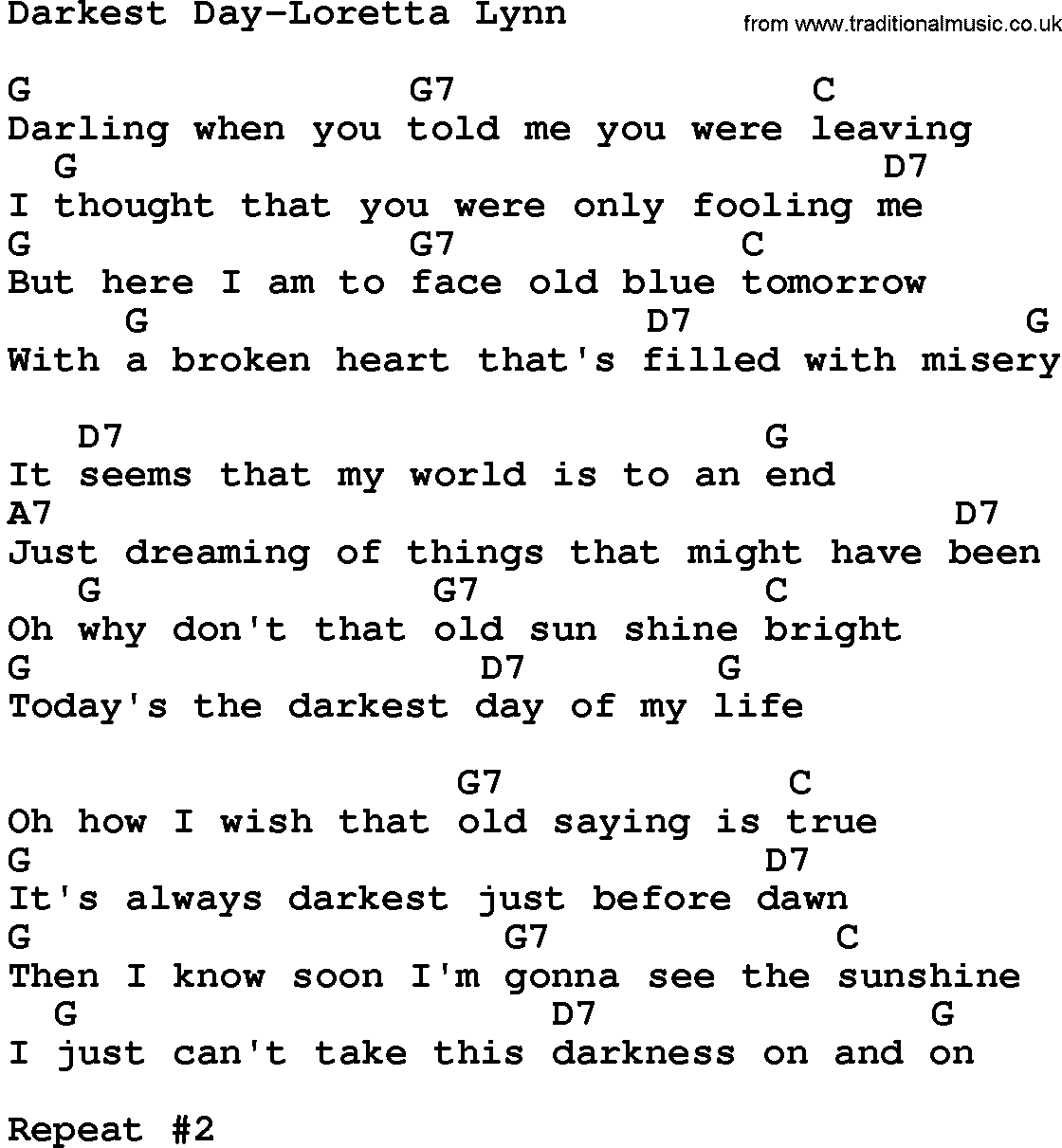 Country music song: Darkest Day-Loretta Lynn lyrics and chords