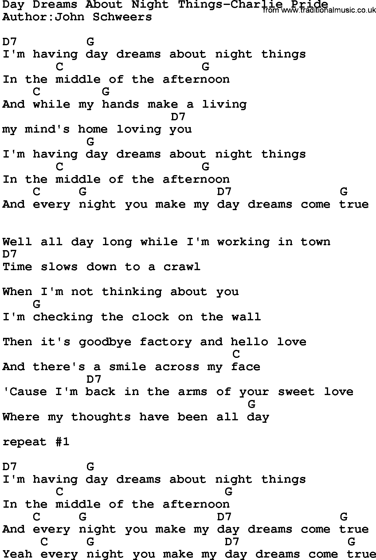 Country music song: Day Dreams About Night Things-Charlie Pride lyrics and chords