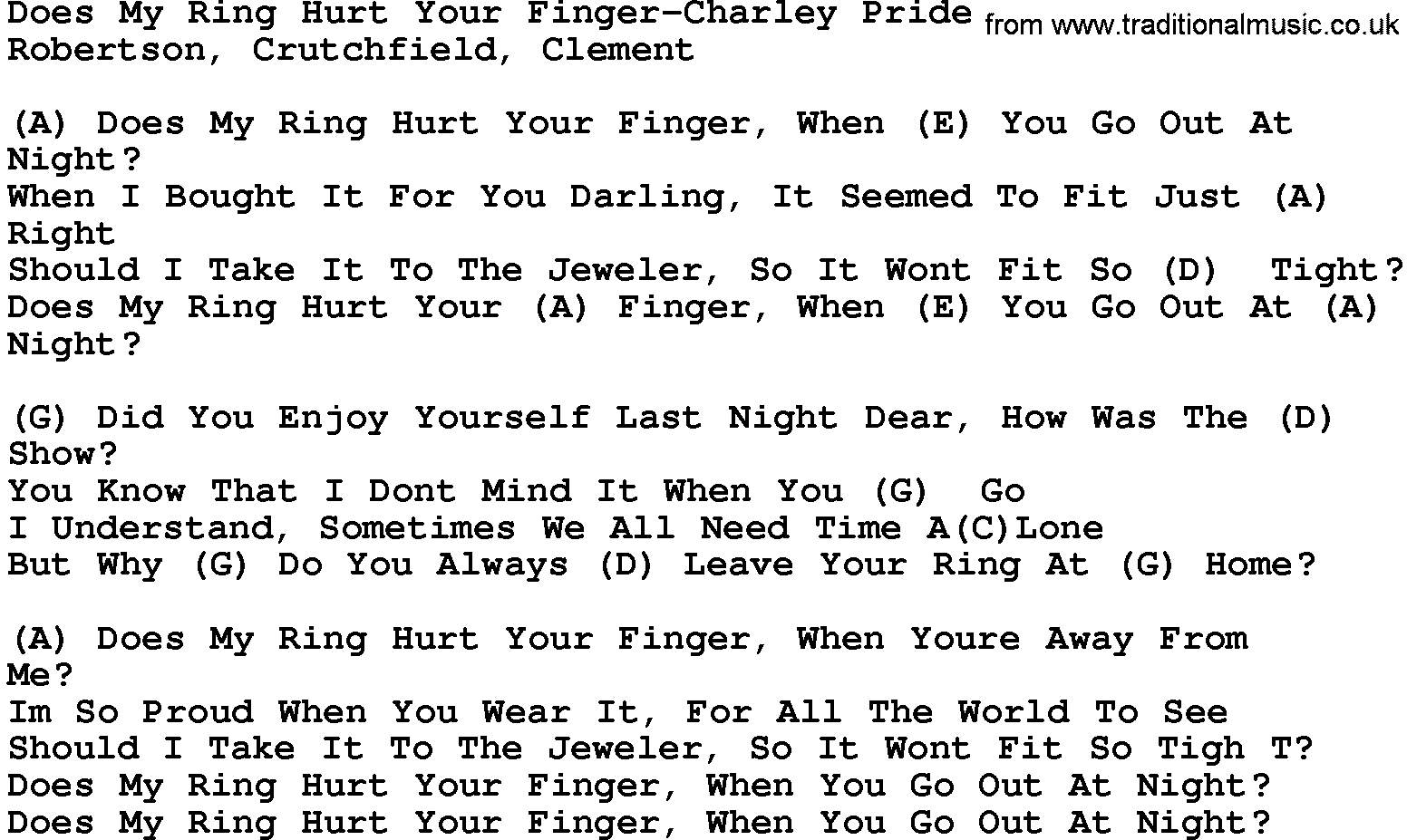 Country music song: Does My Ring Hurt Your Finger-Charley Pride lyrics and chords