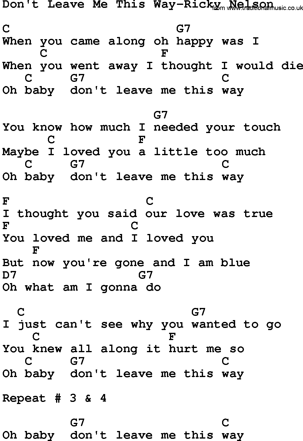 Country music song: Don't Leave Me This Way-Ricky Nelson lyrics and chords
