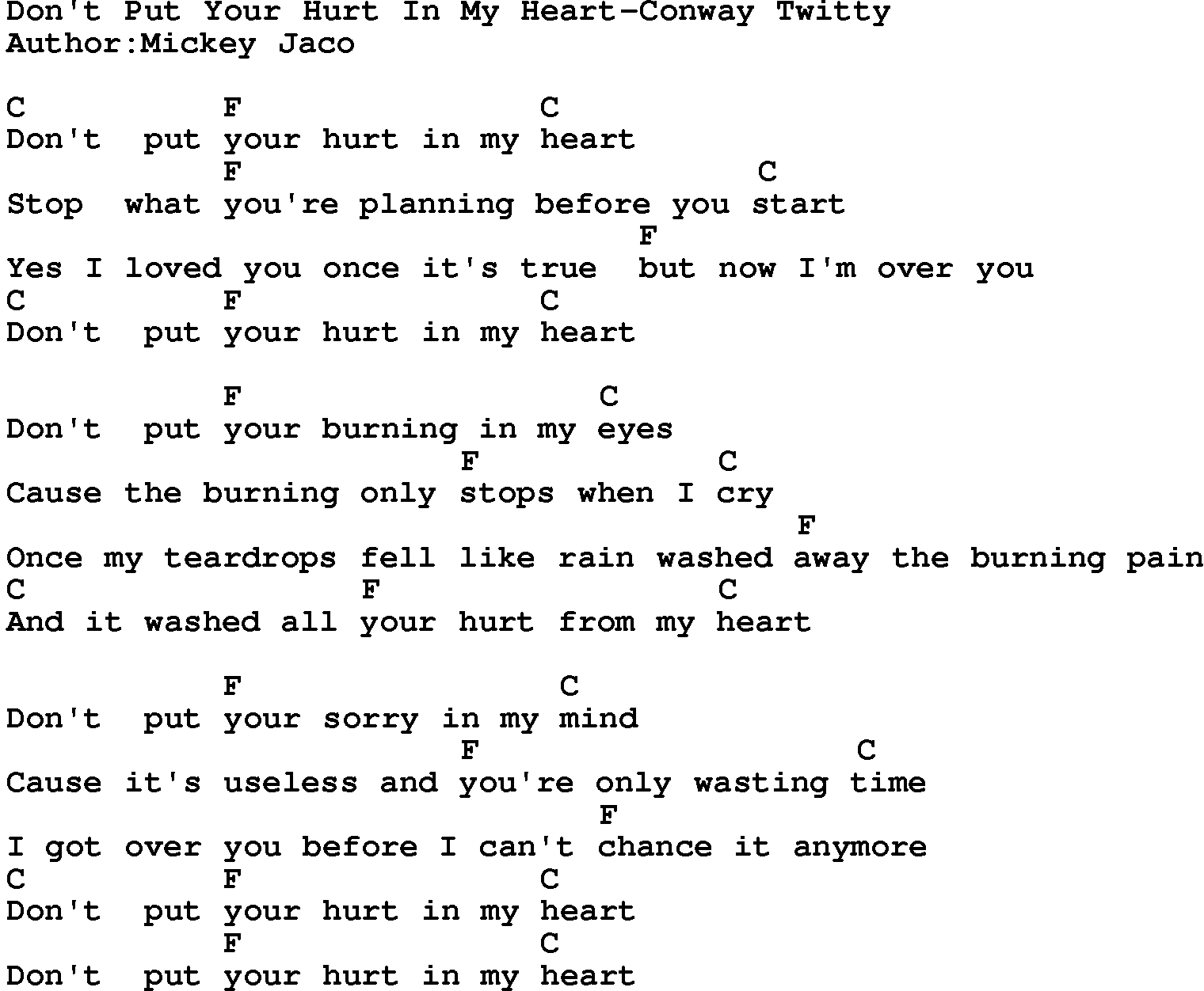 Country music song: Don't Put Your Hurt In My Heart-Conway Twitty lyrics and chords