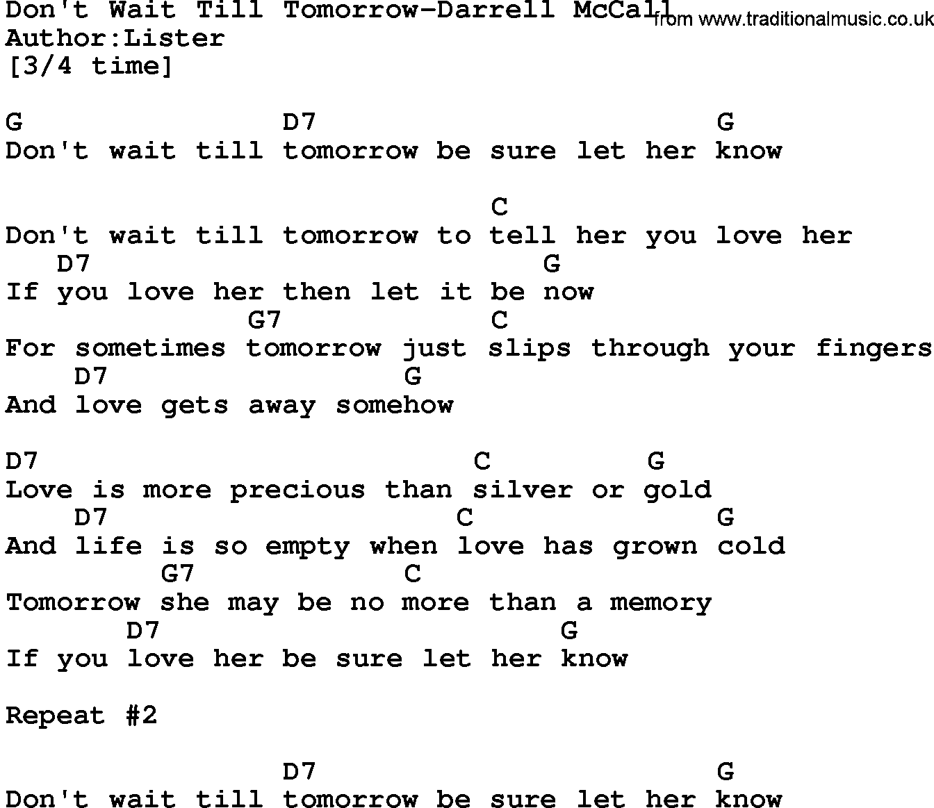 Country music song: Don't Wait Till Tomorrow-Darrell Mccall lyrics and chords