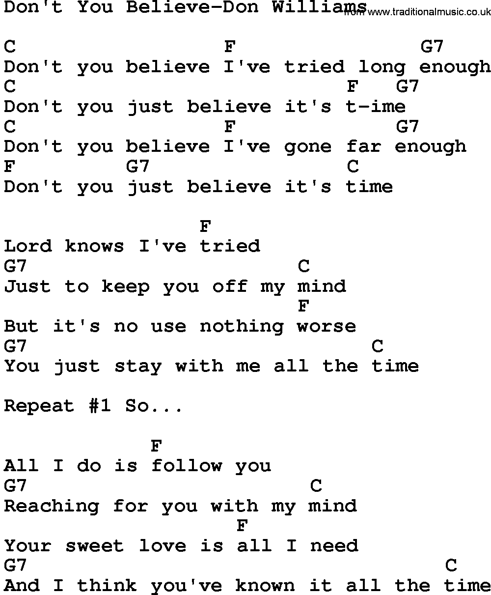 Country music song: Don't You Believe-Don Williams lyrics and chords