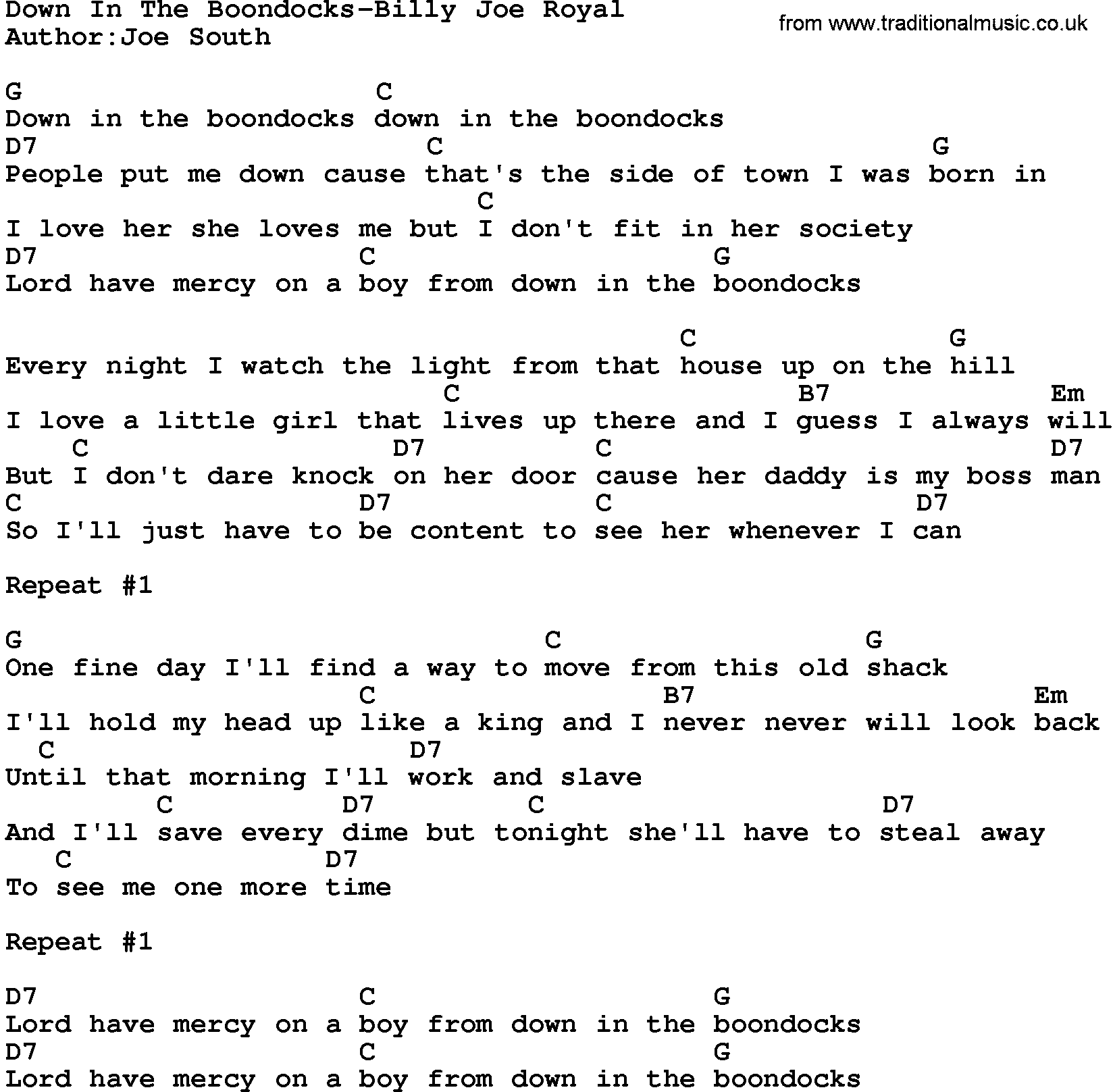 Country music song: Down In The Boondocks-Billy Joe Royal lyrics and chords