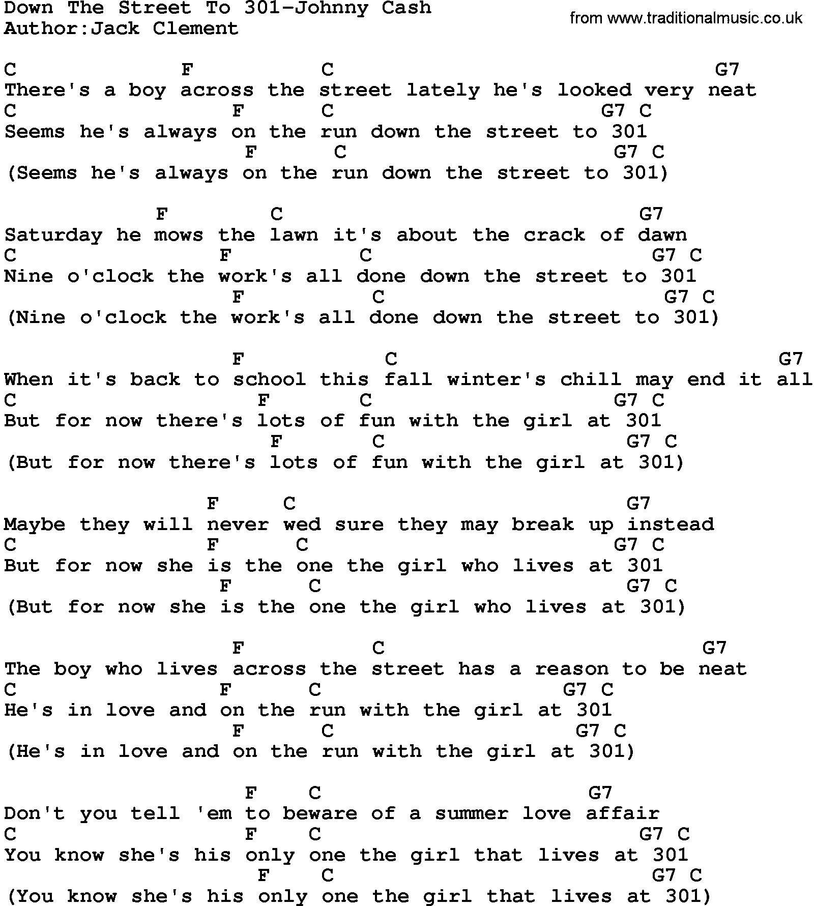 Country music song: Down The Street To 301-Johnny Cash lyrics and chords