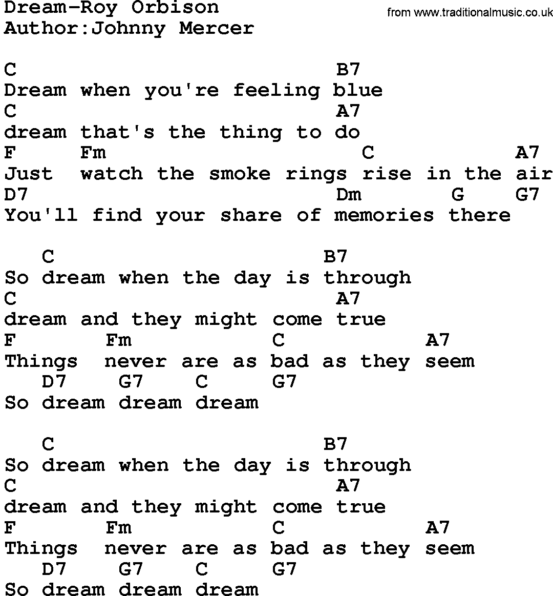 Country music song: Dream-Roy Orbison lyrics and chords