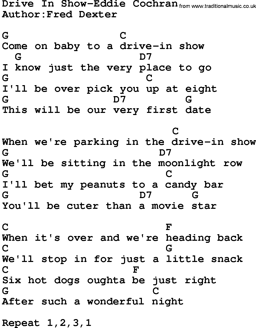 Country music song: Drive In Show-Eddie Cochran lyrics and chords