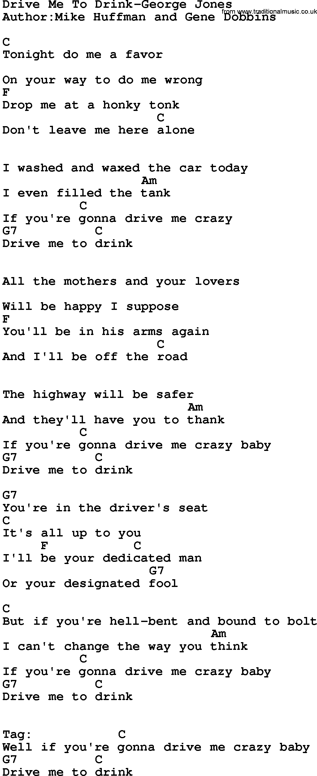 Country music song: Drive Me To Drink-George Jones lyrics and chords
