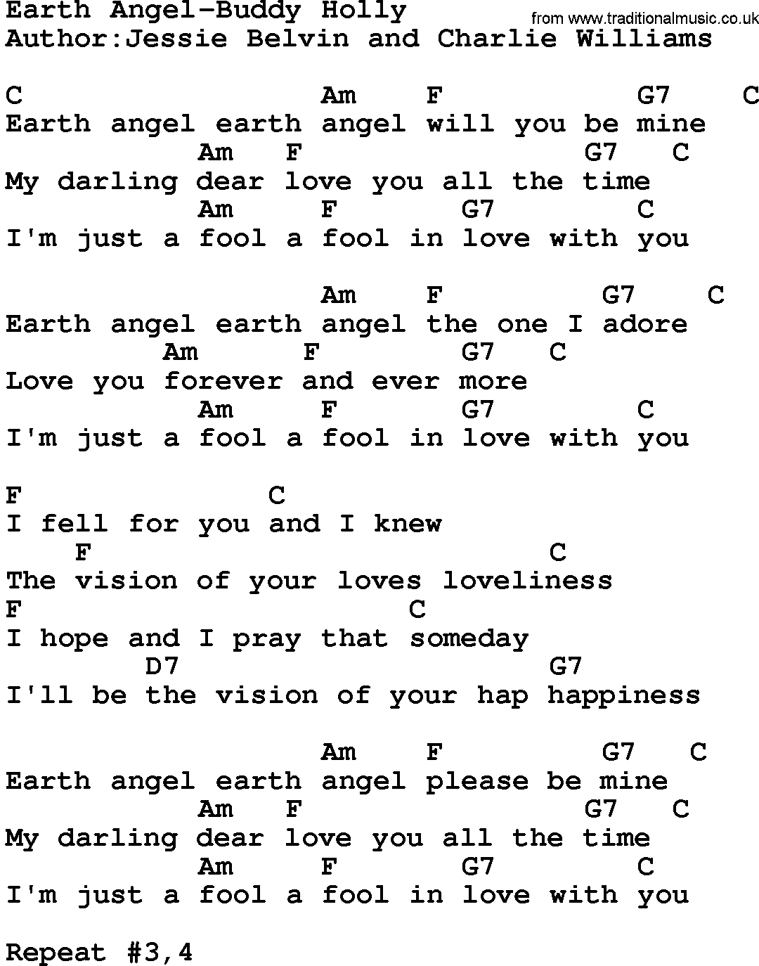 Country music song: Earth Angel-Buddy Holly lyrics and chords