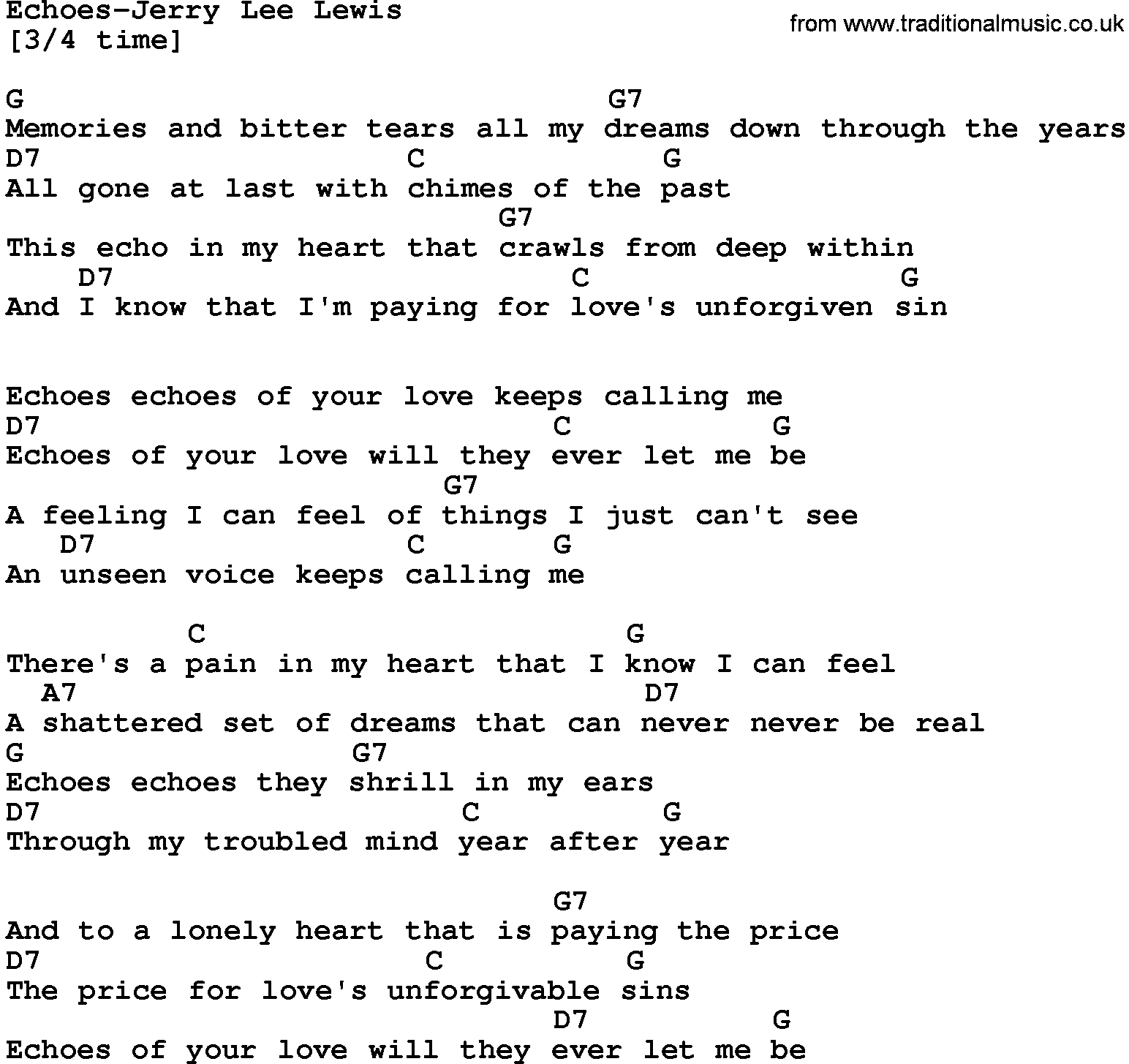 Country music song: Echoes-Jerry Lee Lewis lyrics and chords
