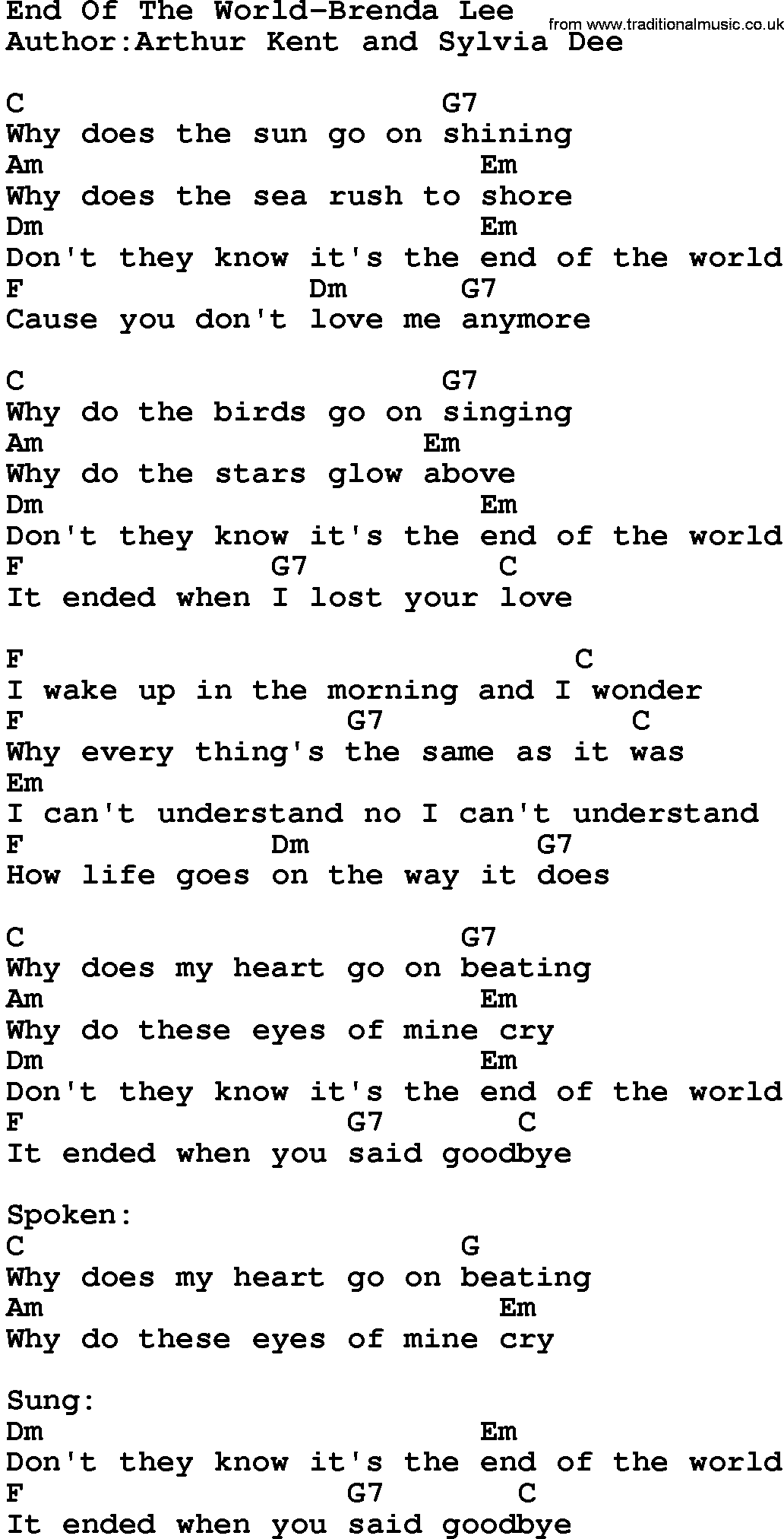 Country Music:End Of The World-Brenda Lee Lyrics and Chords
