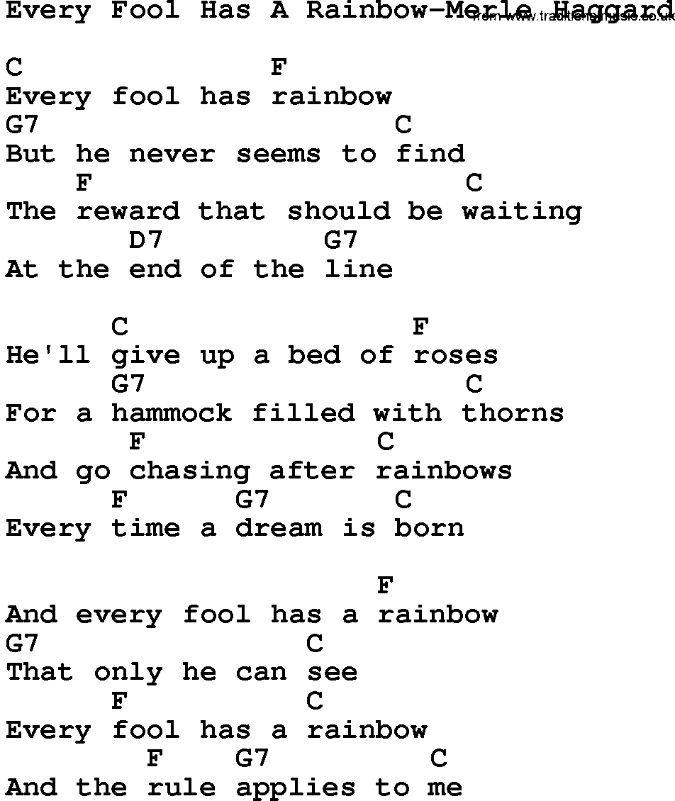 Country music song: Every Fool Has A Rainbow-Merle Haggard lyrics and chords