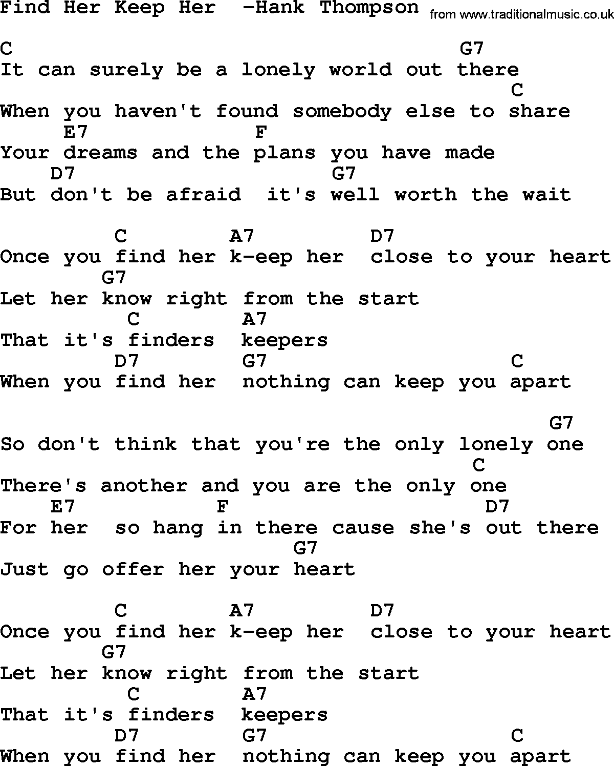 Country music song: Find Her Keep Her -Hank Thompson lyrics and chords
