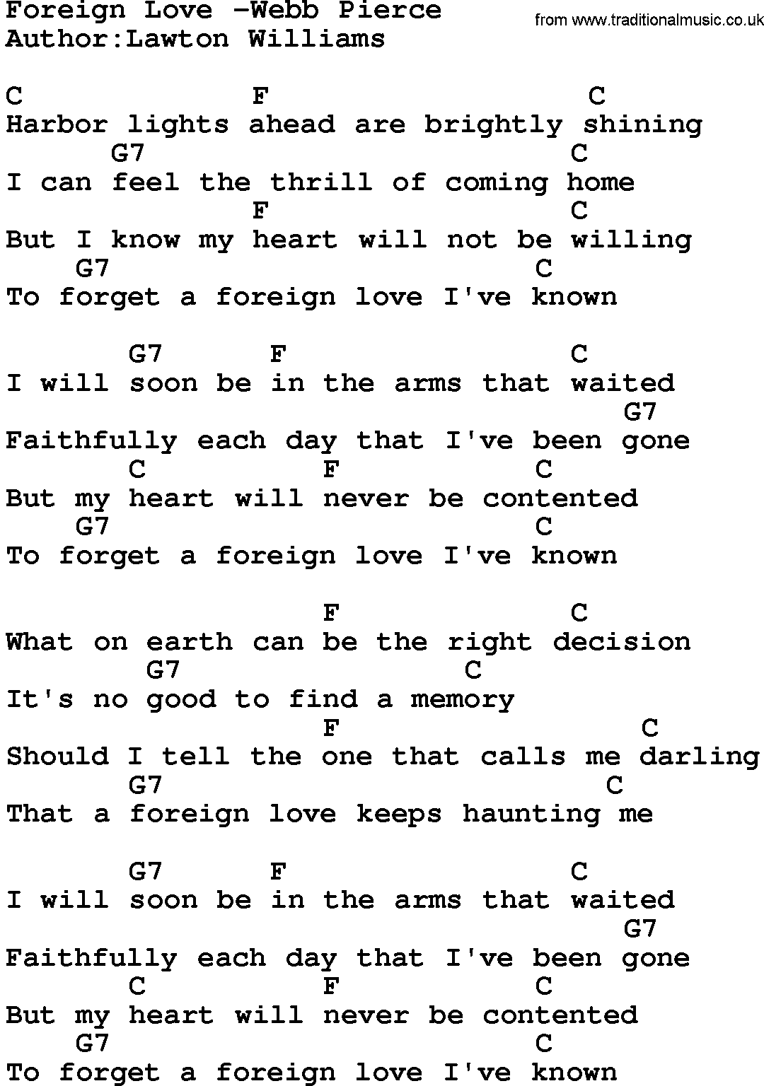 Country music song: Foreign Love -Webb Pierce lyrics and chords