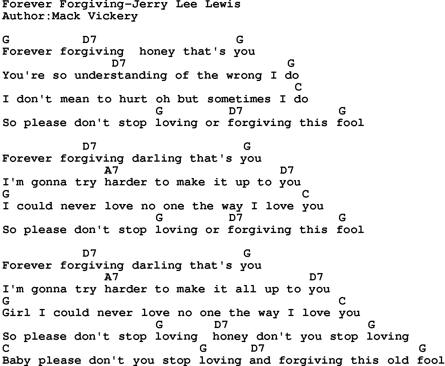 Country music song: Forever Forgiving-Jerry Lee Lewis lyrics and chords