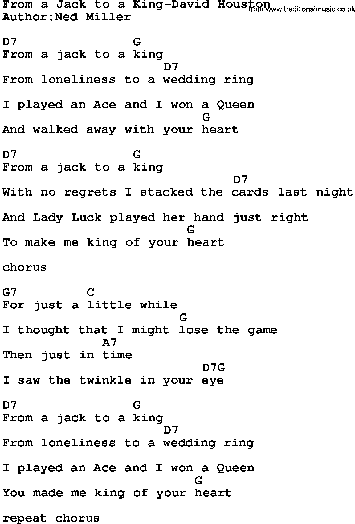 Country music song: From A Jack To A King-David Houston lyrics and chords