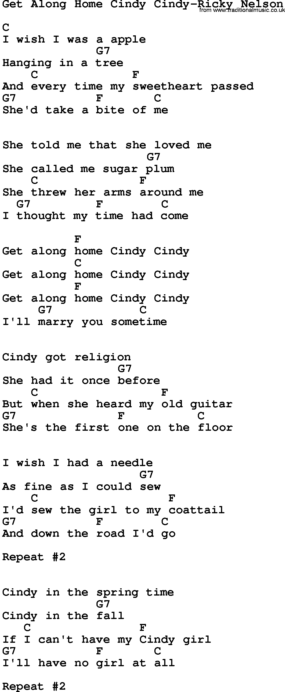 Country music song: Get Along Home Cindy Cindy-Ricky Nelson lyrics and chords