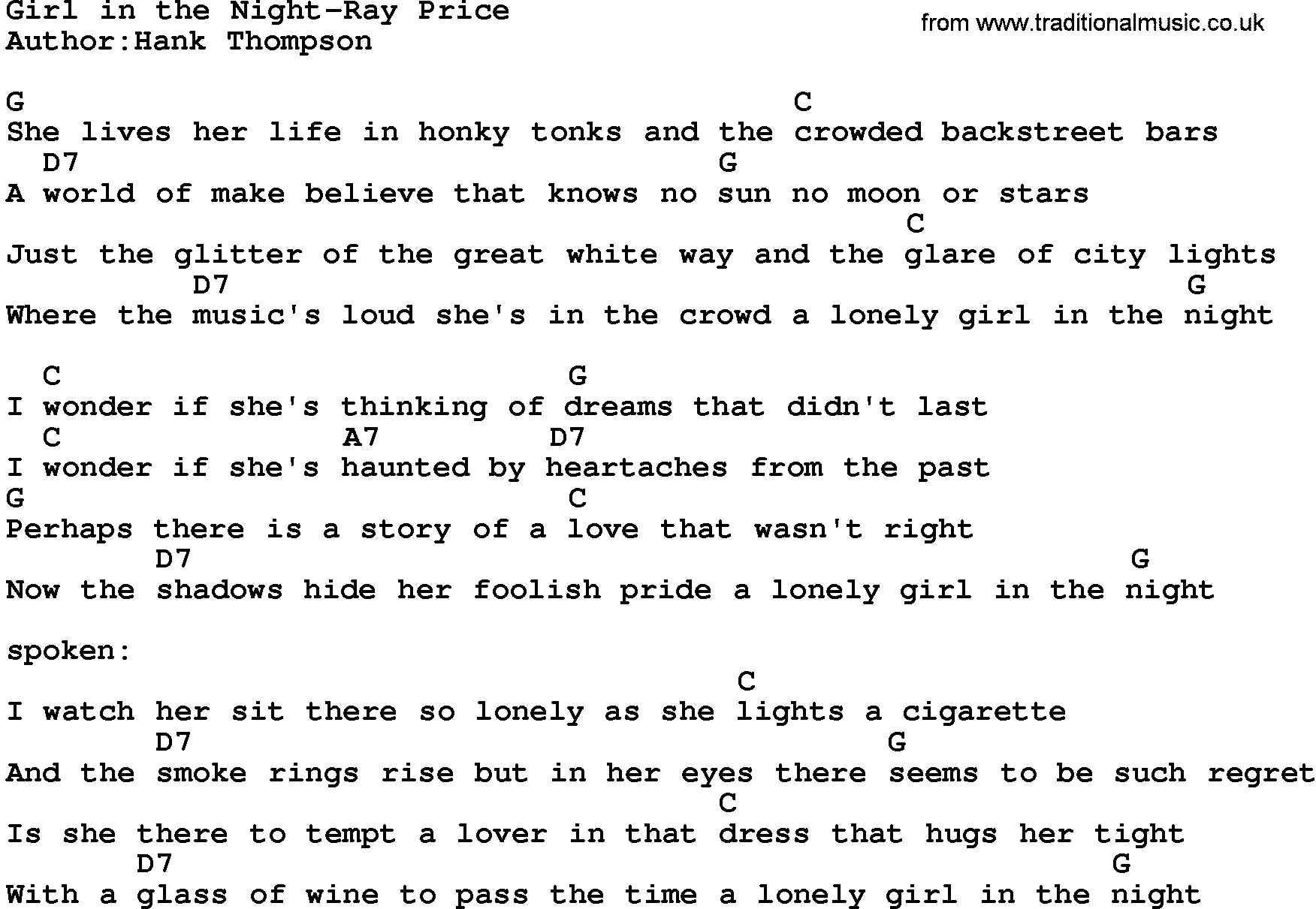 Country music song: Girl In The Night-Ray Price lyrics and chords