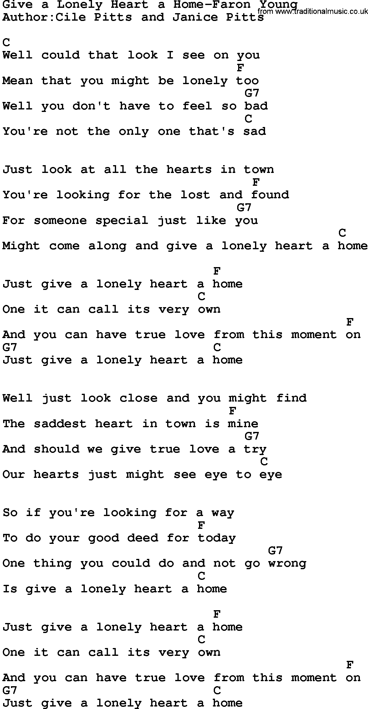 Country music song: Give A Lonely Heart A Home-Faron Young lyrics and chords