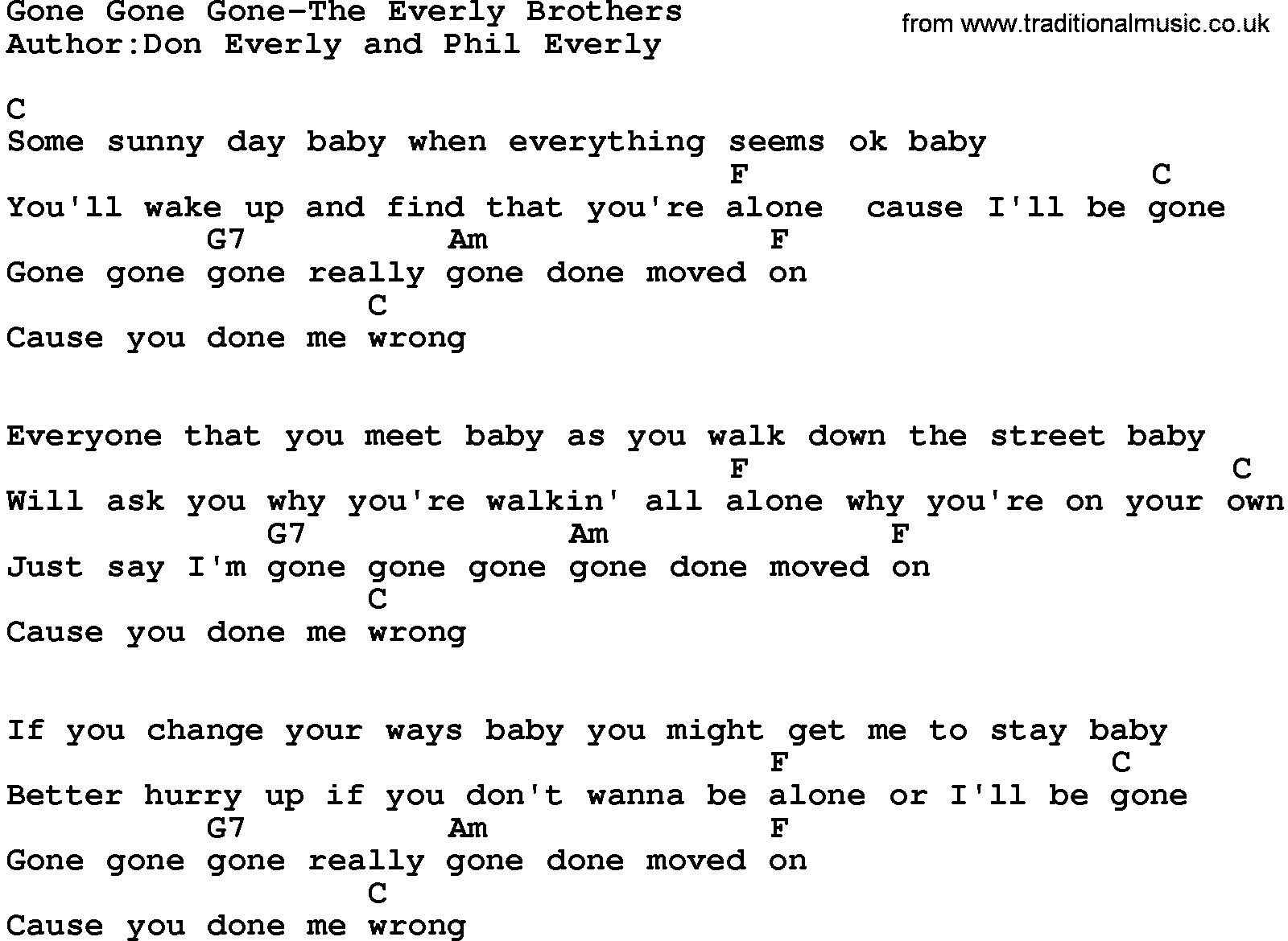 Country music song: Gone Gone Gone-The Everly Brothers lyrics and chords
