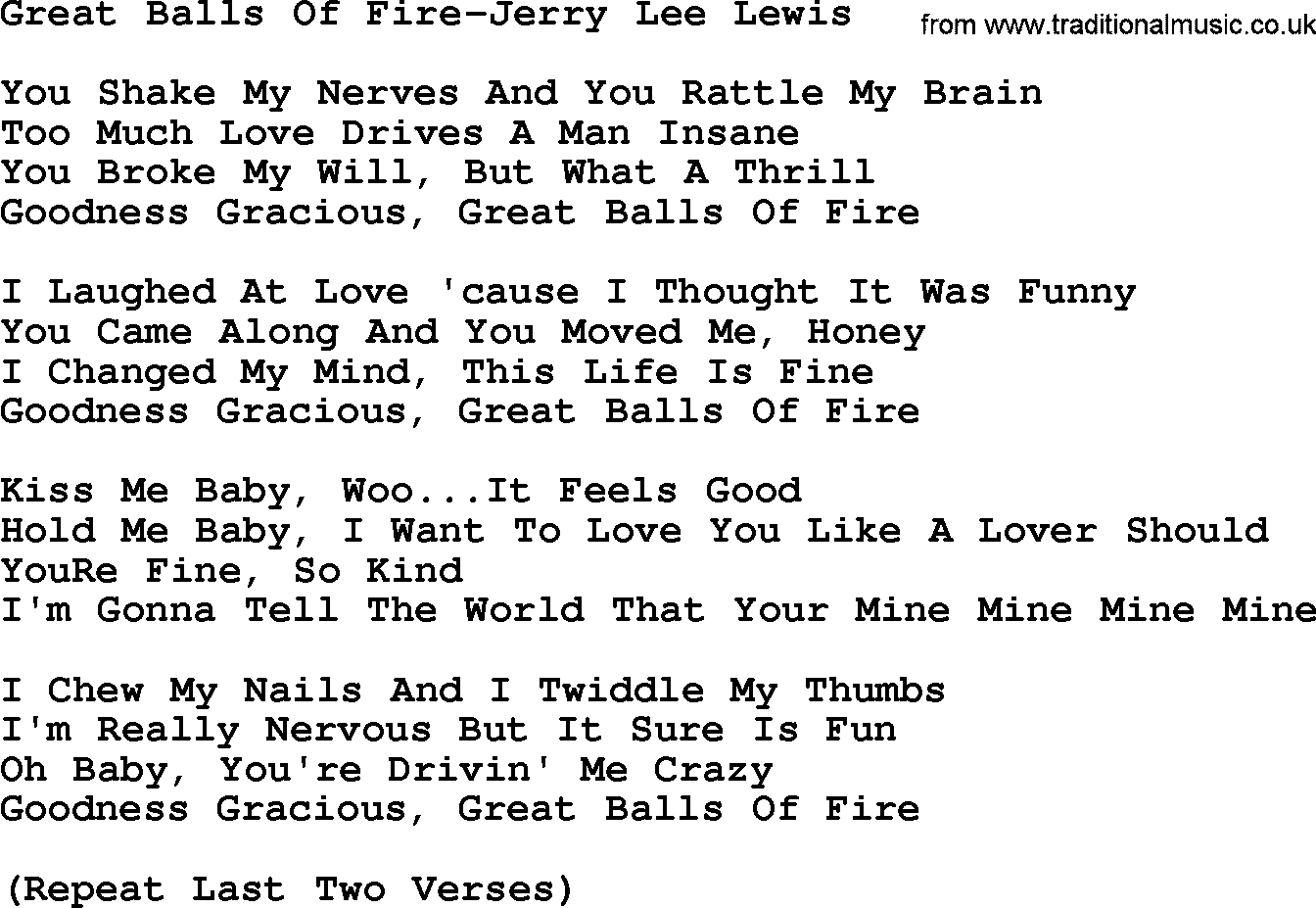 Country music song: Great Balls Of Fire-Jerry Lee Lewis lyrics and chords