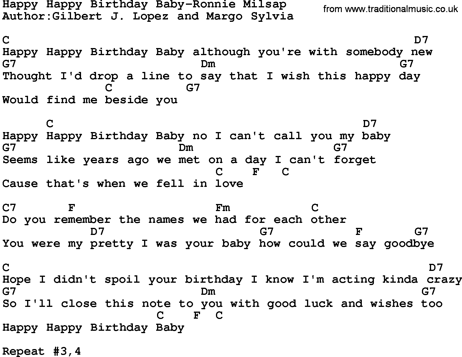Country music song: Happy Happy Birthday Baby-Ronnie Milsap lyrics and chords