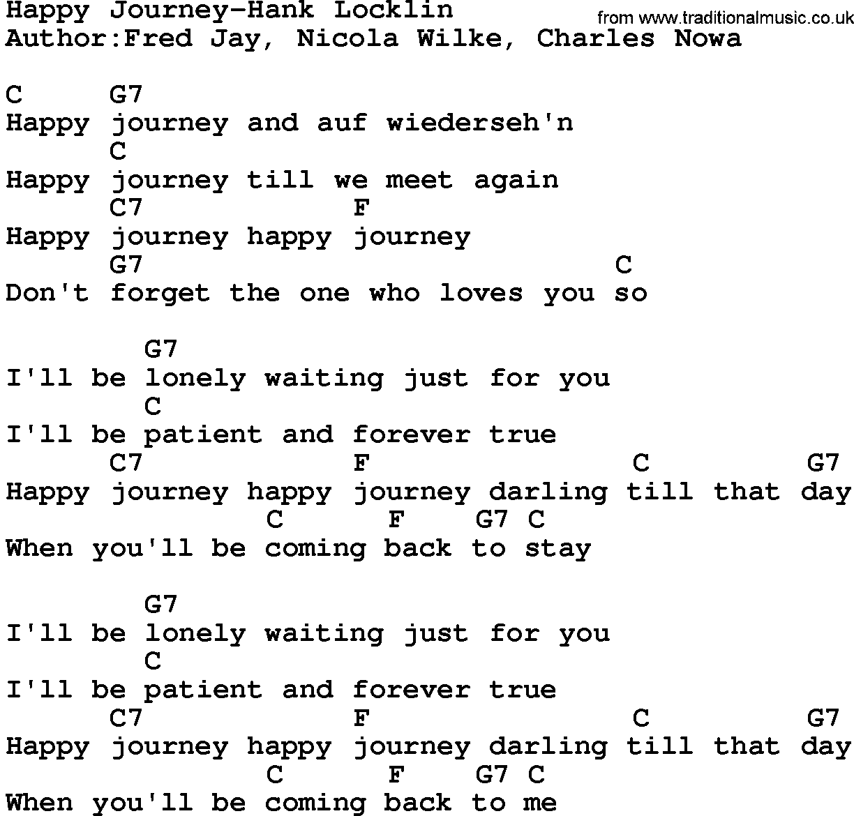 Country music song: Happy Journey-Hank Locklin lyrics and chords