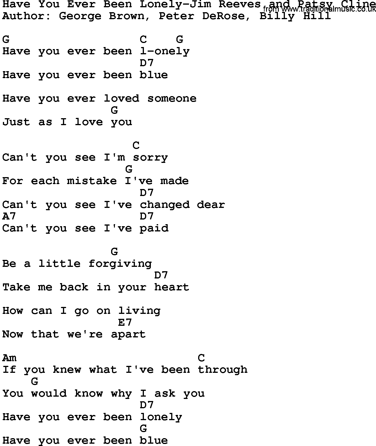 Country music song: Have You Ever Been Lonely-Jim Reeves And Patsy Cline lyrics and chords