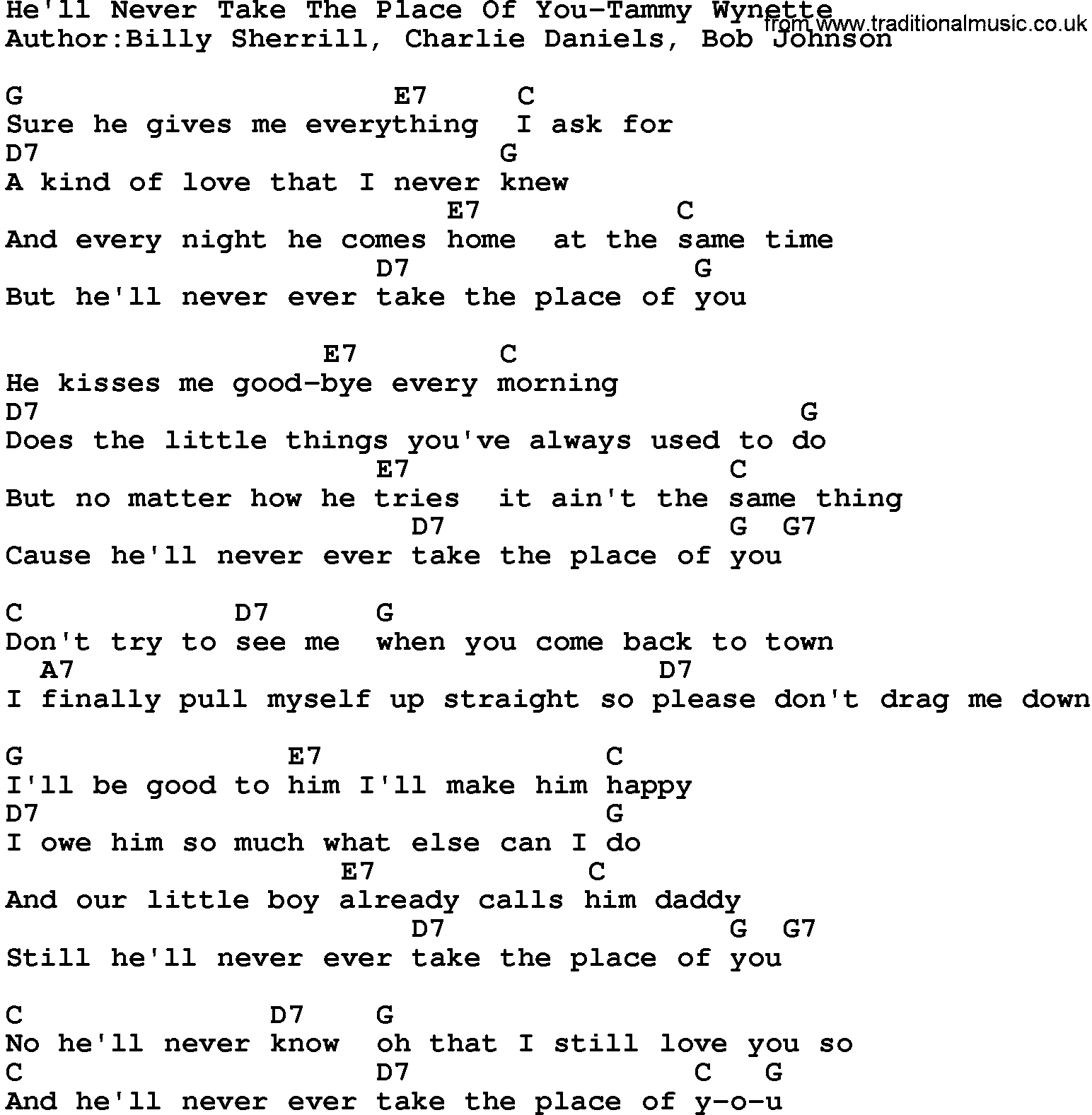 Country music song: He'll Never Take The Place Of You-Tammy Wynette lyrics and chords