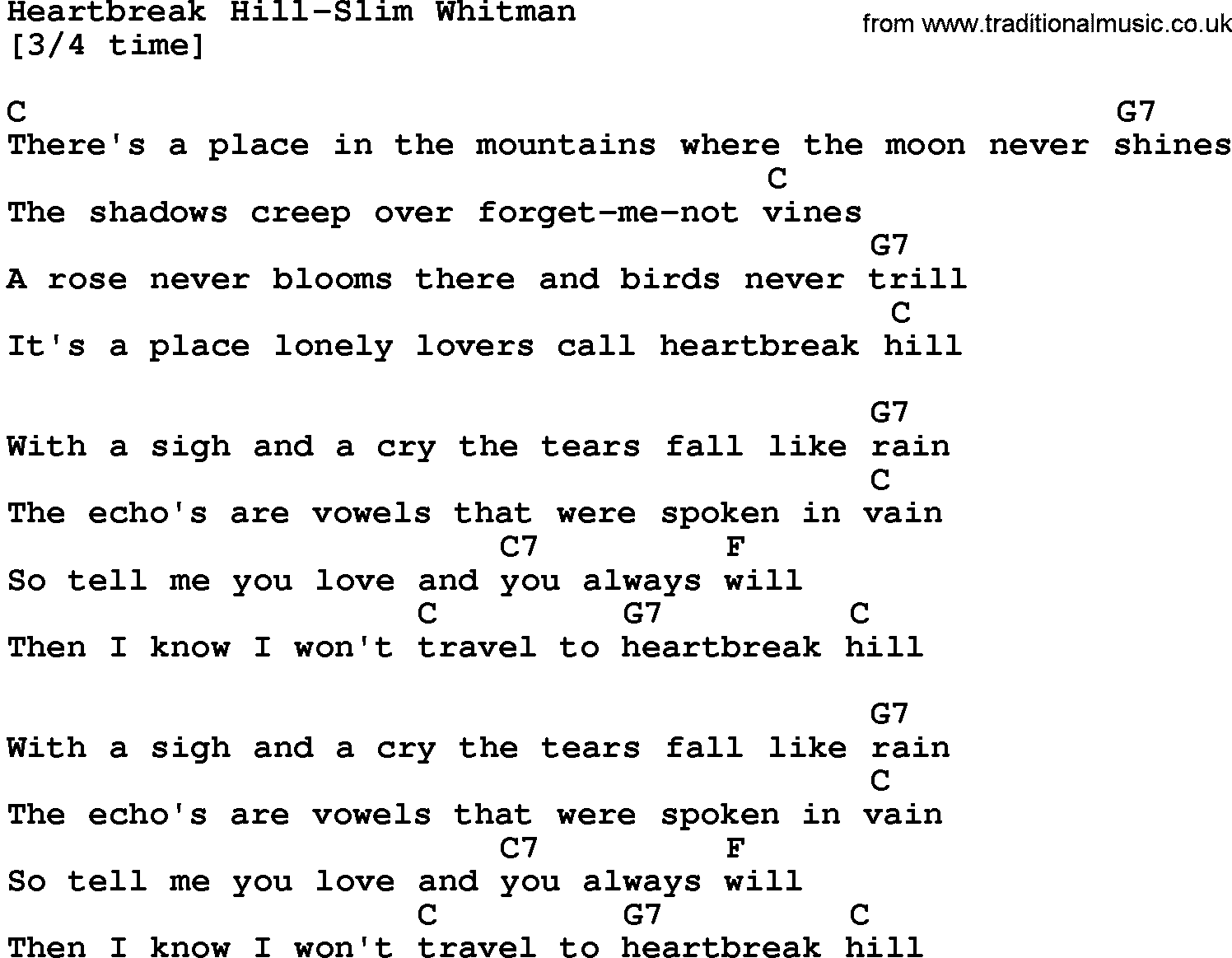Country music song: Heartbreak Hill-Slim Whitman lyrics and chords