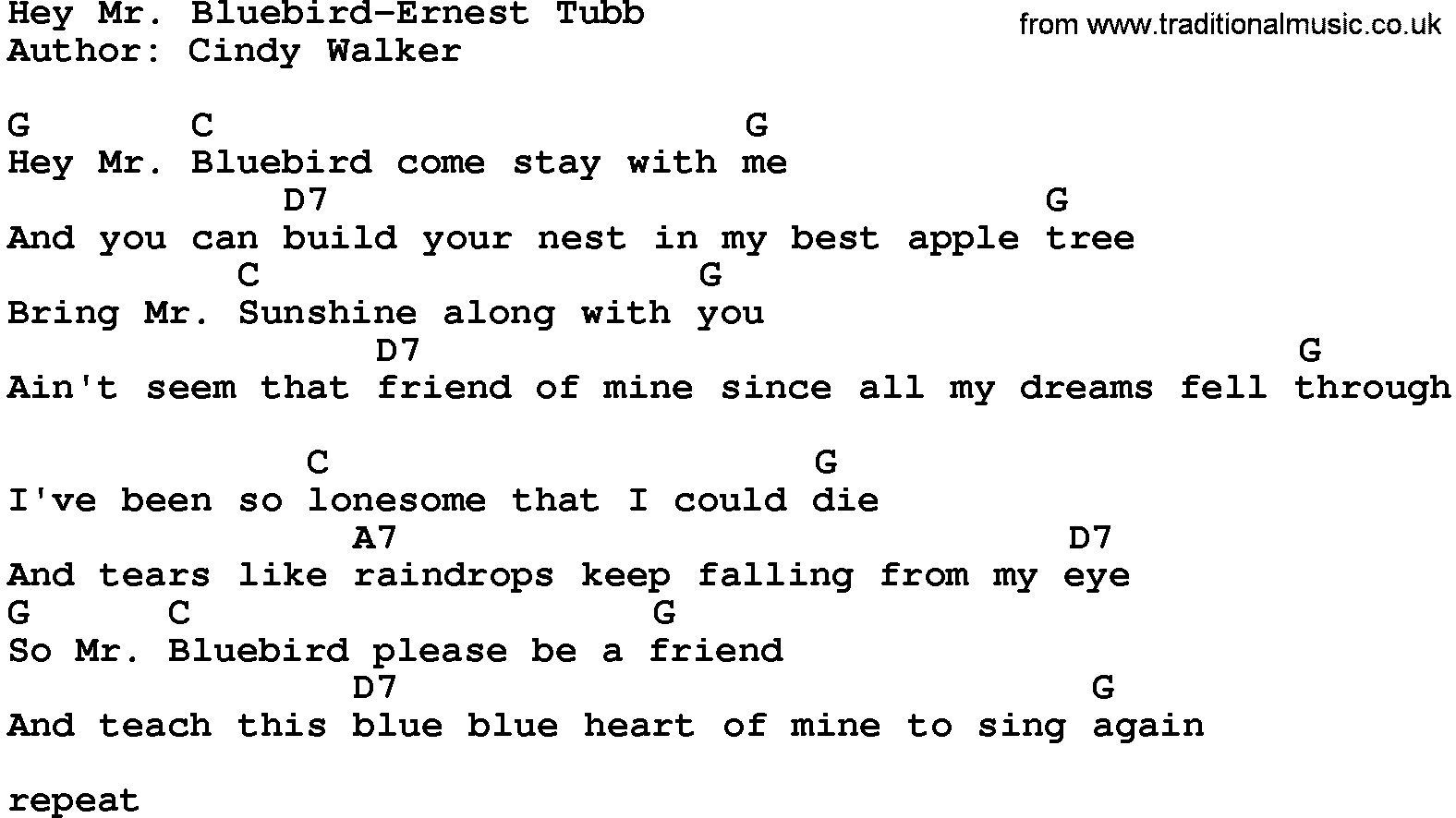 Country music song: Hey Mr Bluebird-Ernest Tubb lyrics and chords