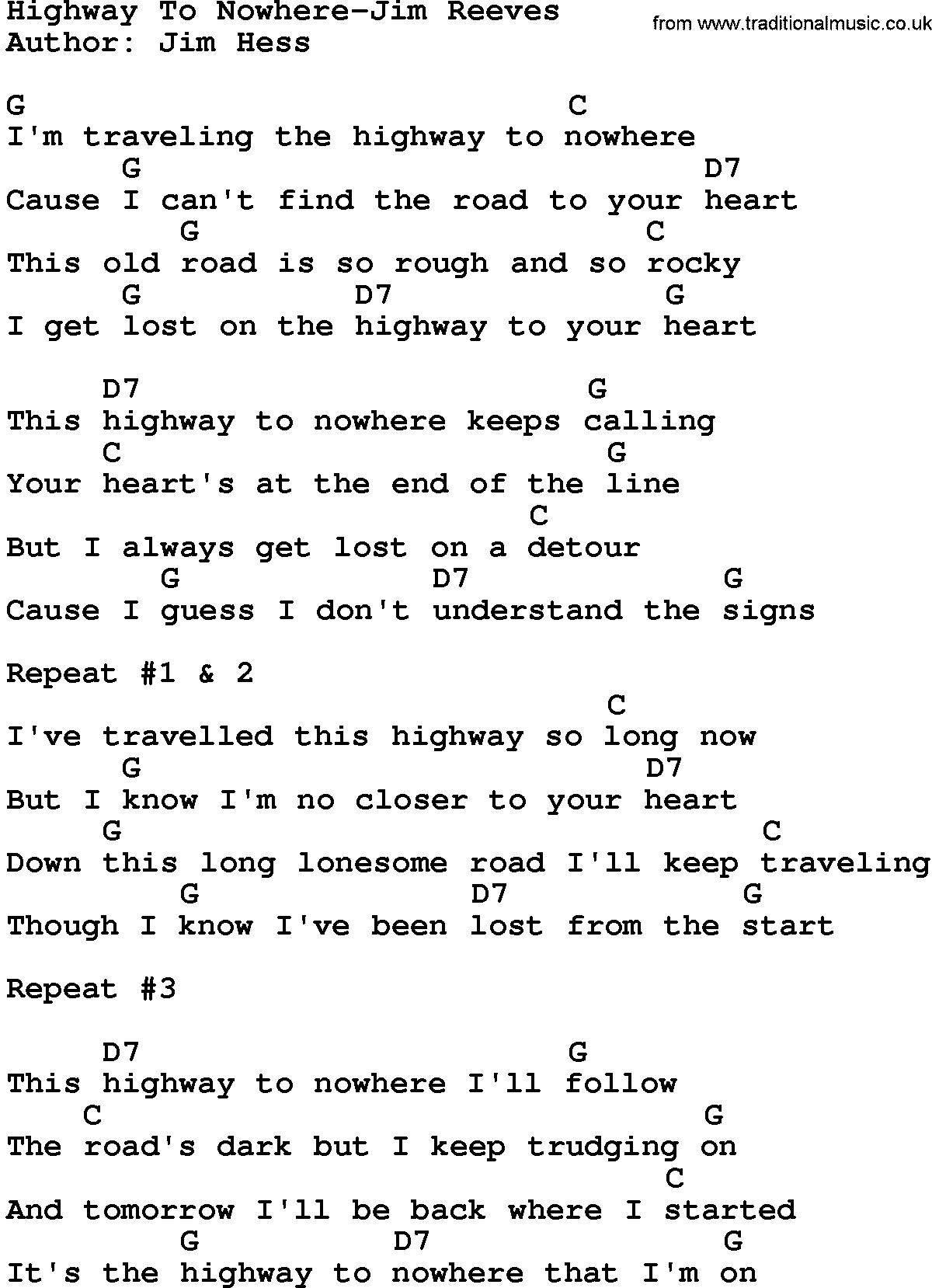 Country music song: Highway To Nowhere-Jim Reeves lyrics and chords