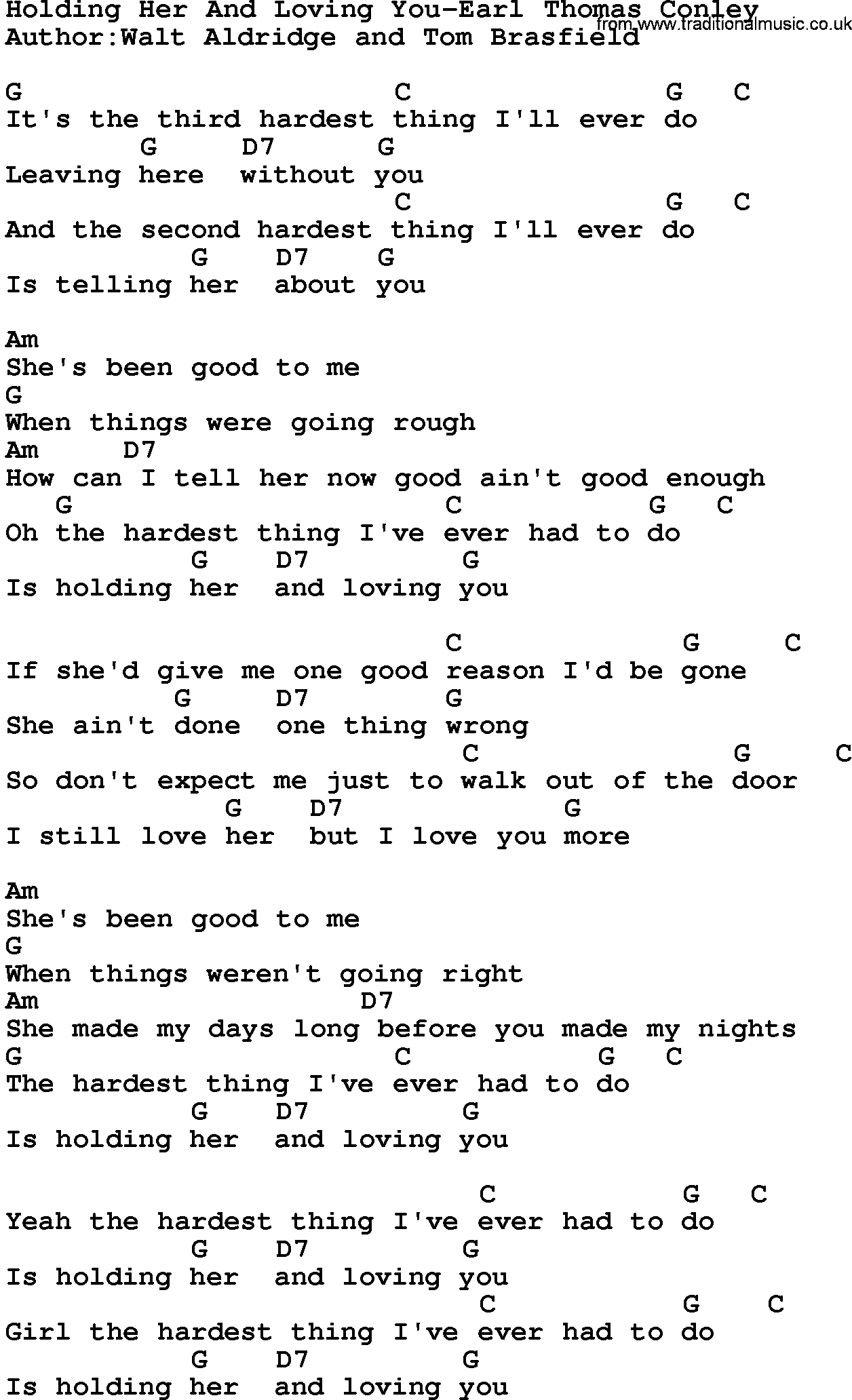 Country music song: Holding Her And Loving You-Earl Thomas Conley lyrics and chords