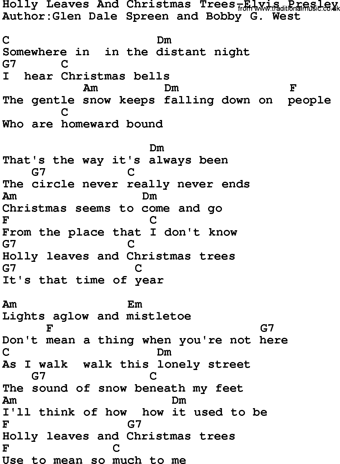 Country music song: Holly Leaves And Christmas Trees-Elvis Presley lyrics and chords